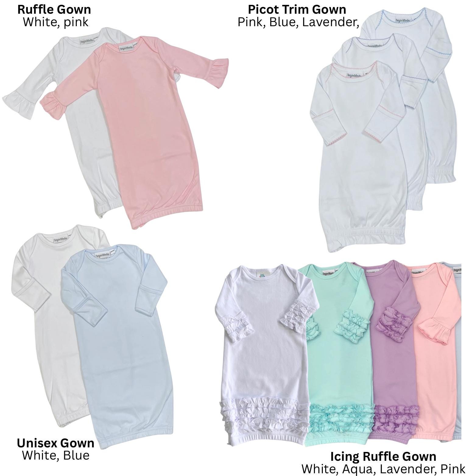 Embroidered applique infant newborn gown, leopard cheetah applique with cursive name, personalized custom infant baby gown, baby gift, baby