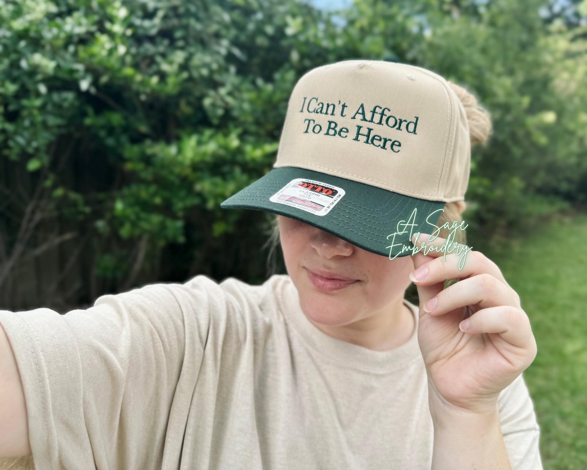 Embroidered I can’t afford to be here Otto cap, 5 panel Otto cap, trucker hat, custom embroidery, embroidery trucker hat, monochrome look