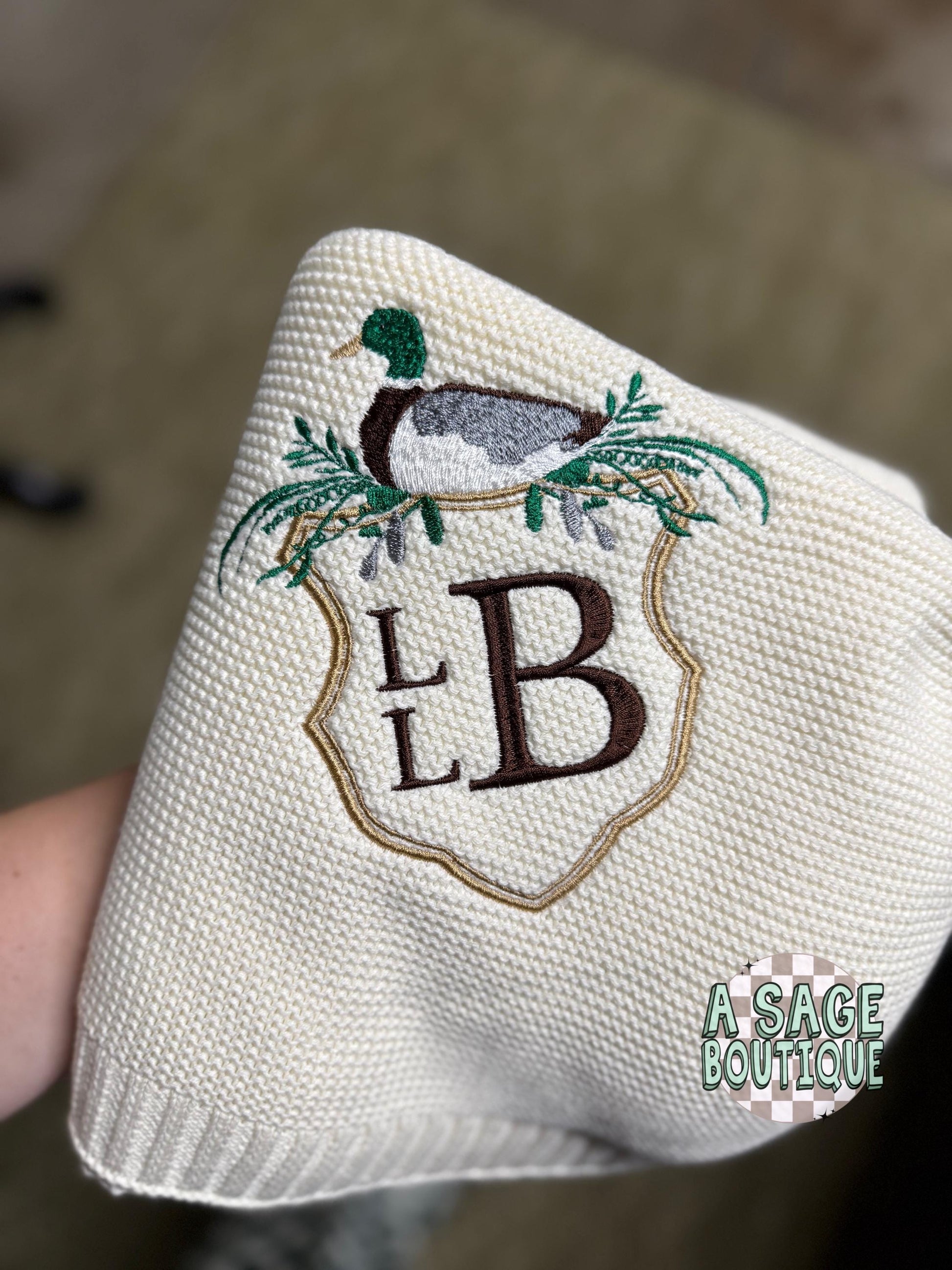 Embroidered crested mallard knitted blanket quilt with custom monogram, personalized baby blanket, baby quilt, embroidered custom blanket