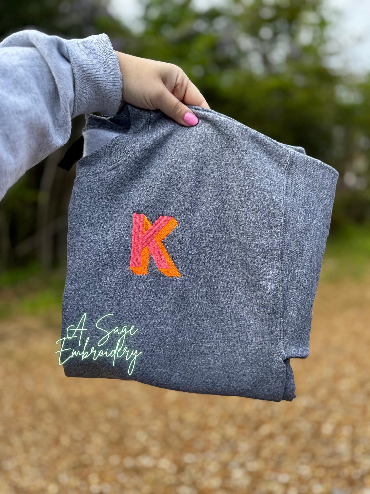 Shadow initial monogram t shirt crewneck, pocket placement embroidered initial, embroidered monogram, custom thread, neon embroidery, colors