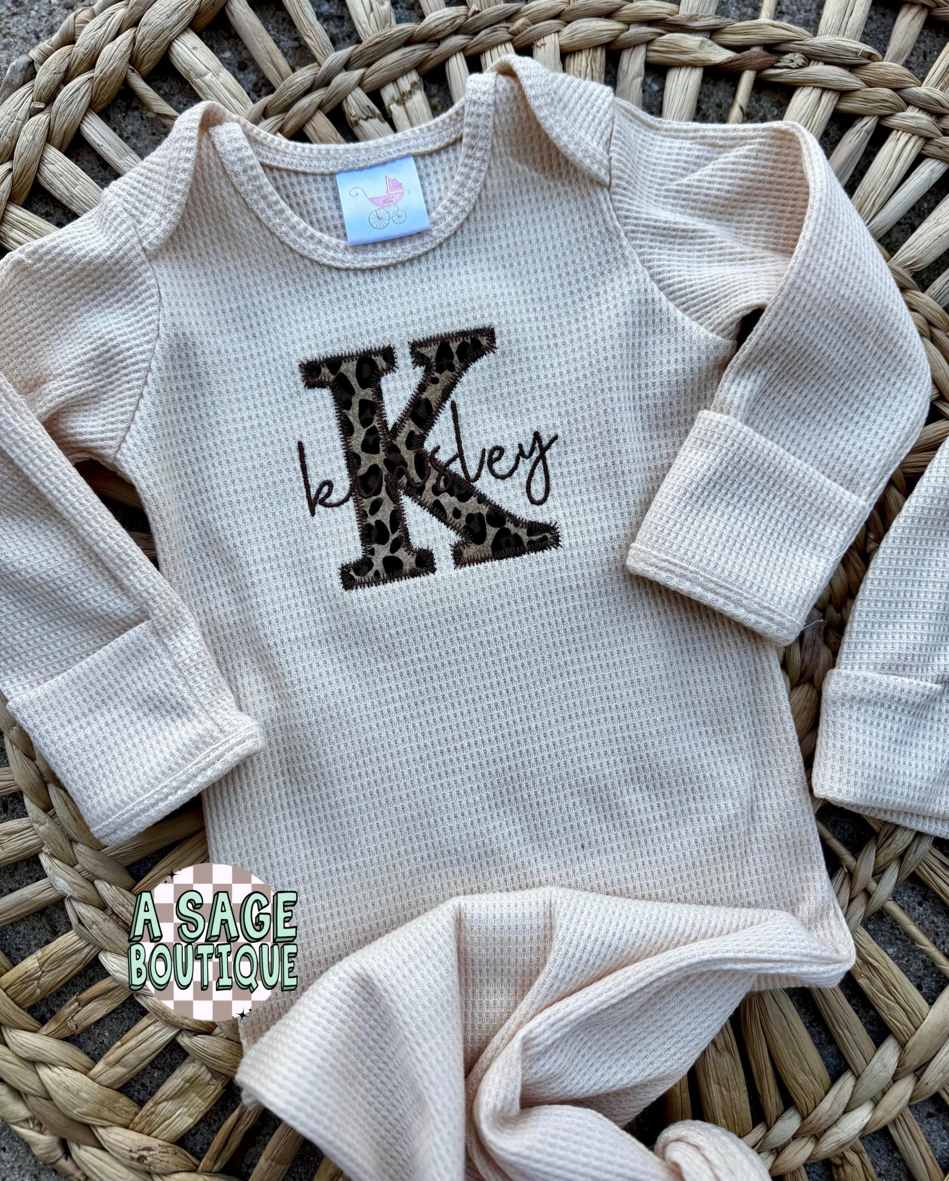 Embroidered applique infant newborn gown, leopard cheetah applique with cursive name, personalized custom infant baby gown, baby gift, baby