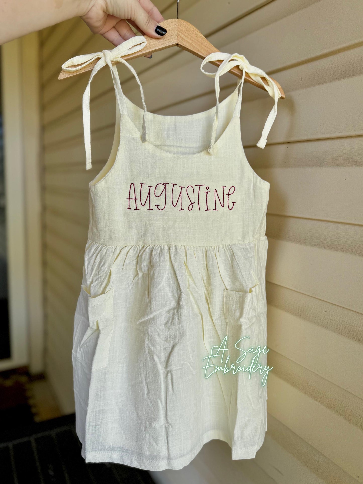 Embroidered girls linen dress, floss embroidery font, custom personalized linen dresses for toddler, baby, youth girls, girls cute spring
