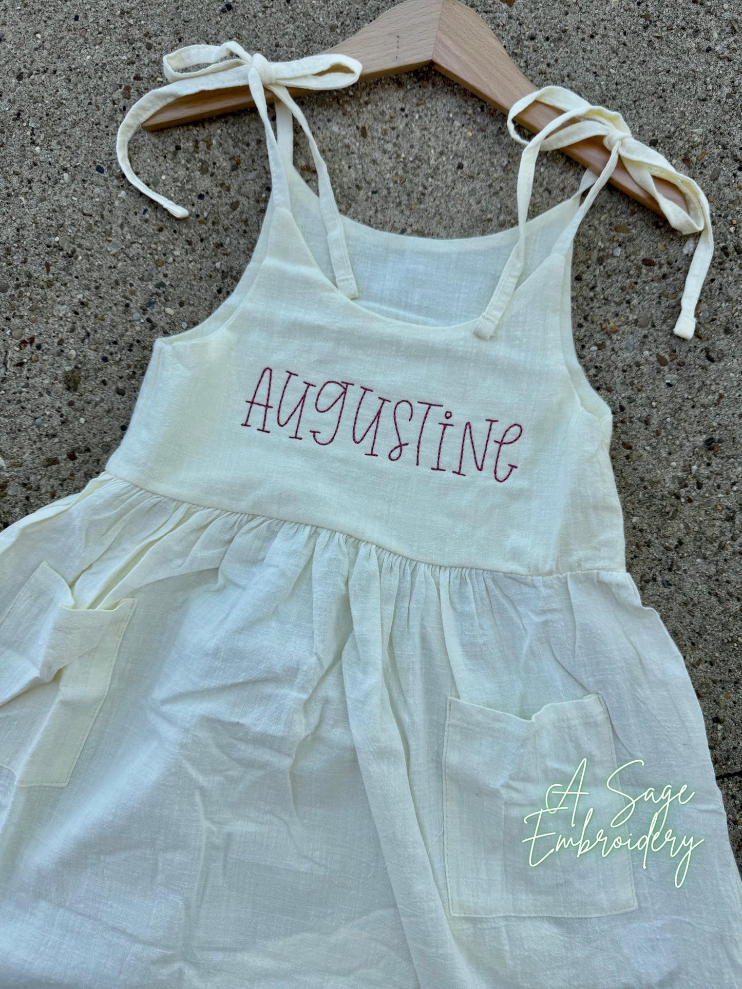 Embroidered girls linen dress, floss embroidery font, custom personalized linen dresses for toddler, baby, youth girls, girls cute spring