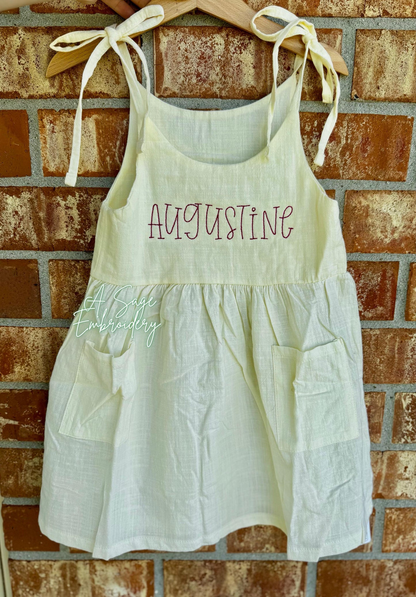 Embroidered girls linen dress, floss embroidery font, custom personalized linen dresses for toddler, baby, youth girls, girls cute spring