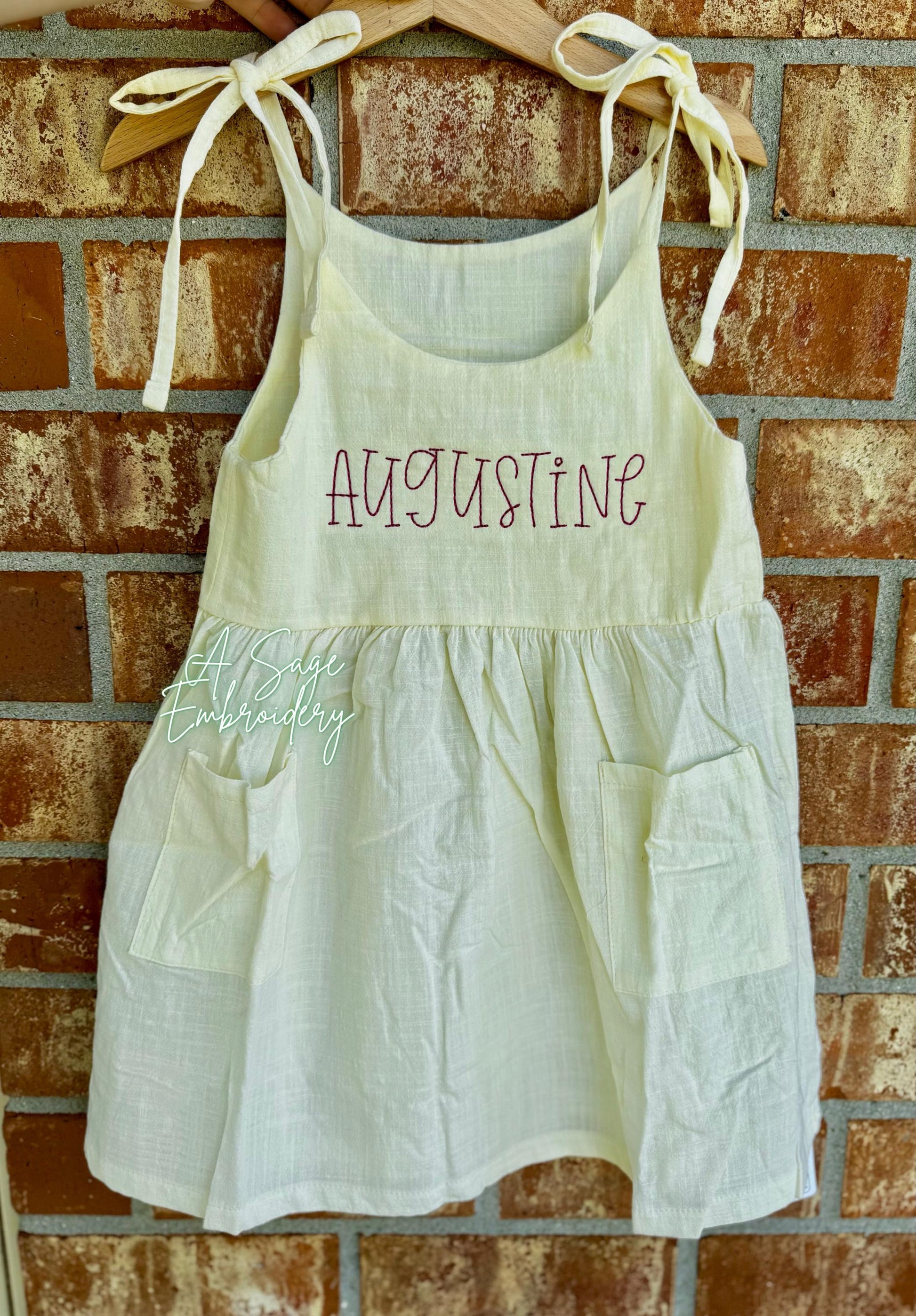 Embroidered girls linen dress, floss embroidery font, custom personalized linen dresses for toddler, baby, youth girls, girls cute spring
