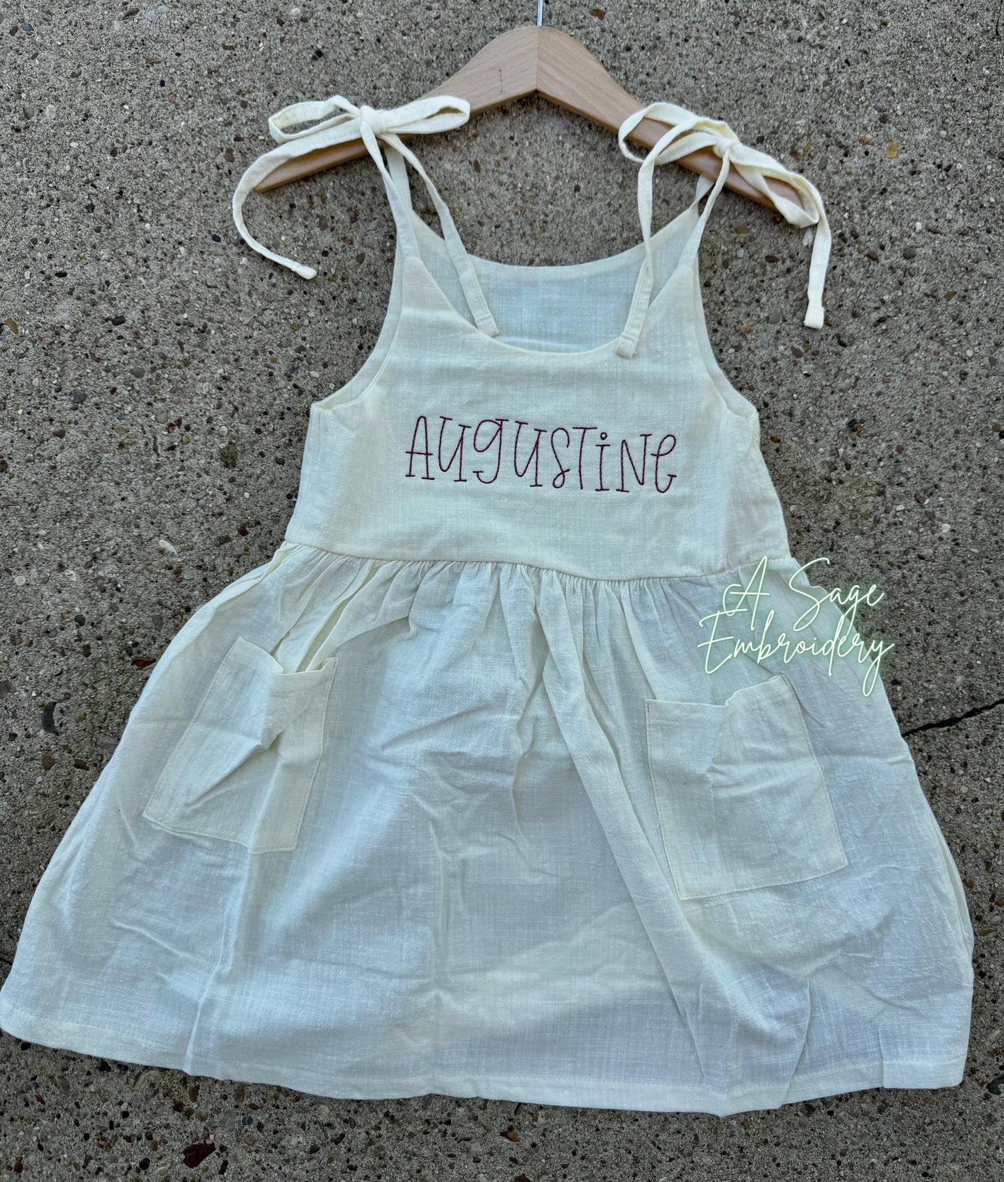Embroidered girls linen dress, floss embroidery font, custom personalized linen dresses for toddler, baby, youth girls, girls cute spring