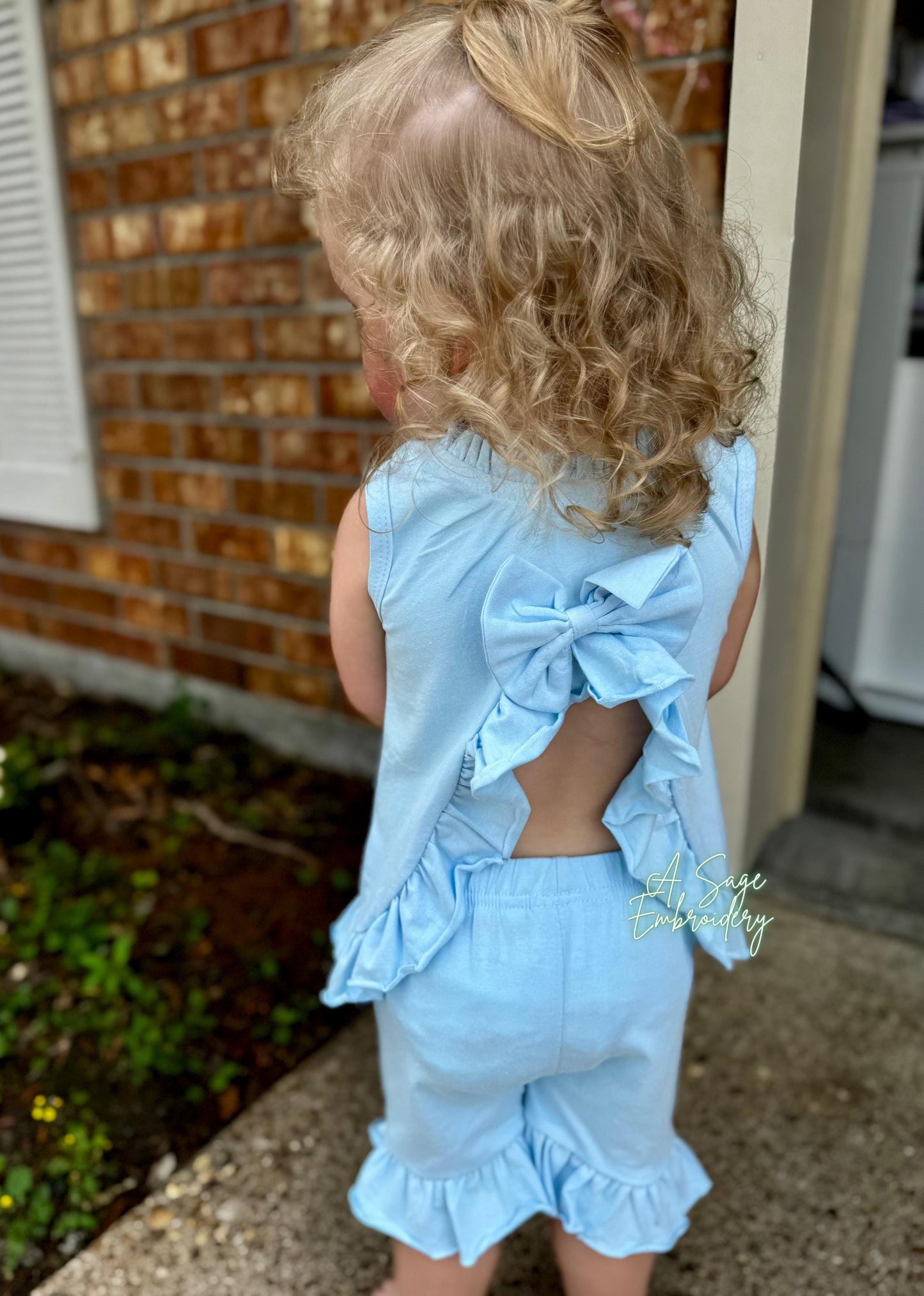 Embroidered open back ruffle back bow shorts set / embroidered girls shorts set / infant and toddler girls custom personalized sets / stitch