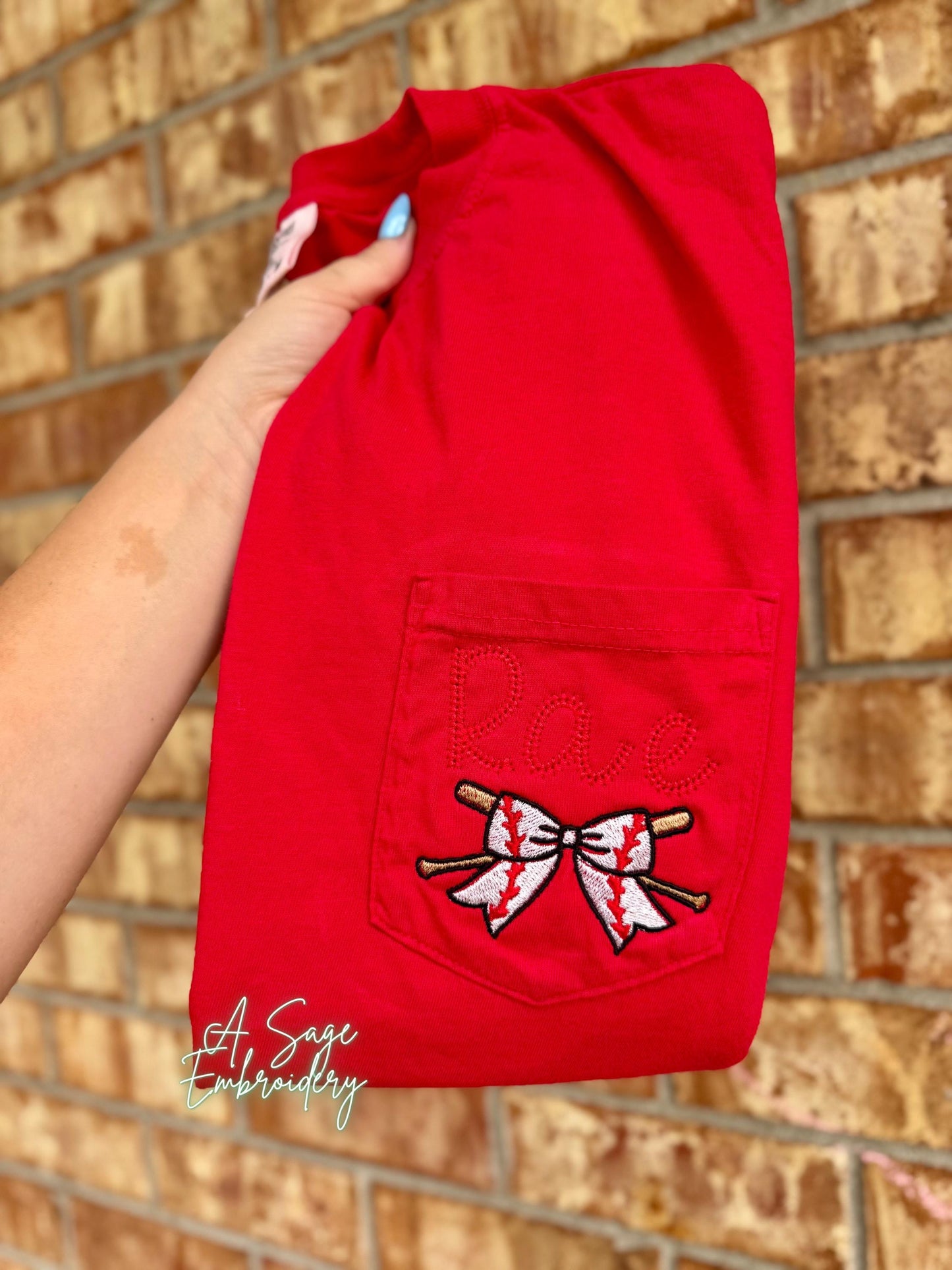 Coquette bow baseball and softball comfort color pocket tee, embroidered monogram, laces font, embroidery, ball season mom tee, comfort tee