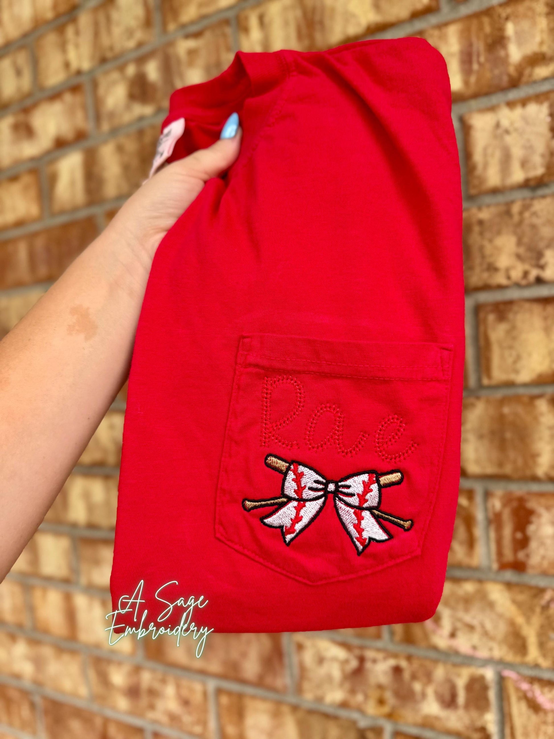 Coquette bow baseball and softball comfort color pocket tee, embroidered monogram, laces font, embroidery, ball season mom tee, comfort tee