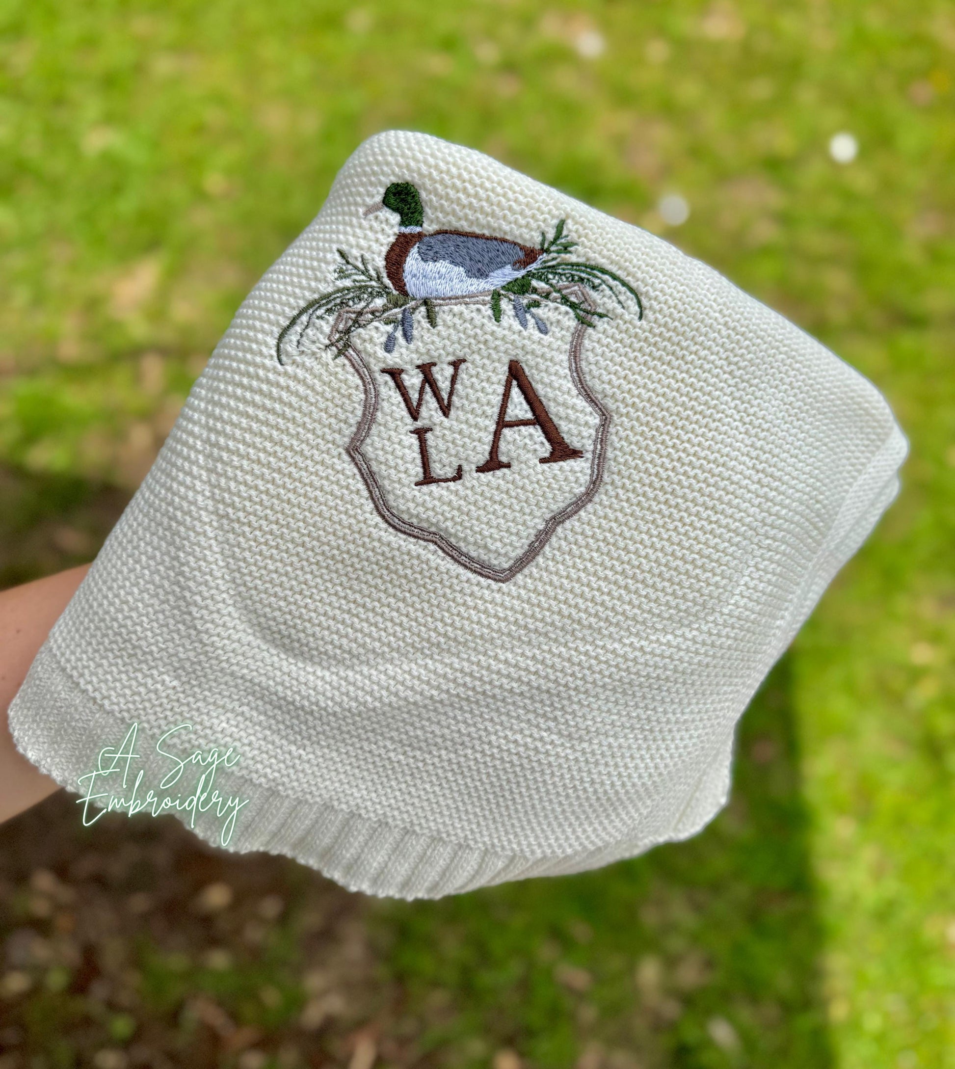 Embroidered crested mallard knitted blanket quilt with custom monogram, personalized baby blanket, baby quilt, embroidered custom blanket