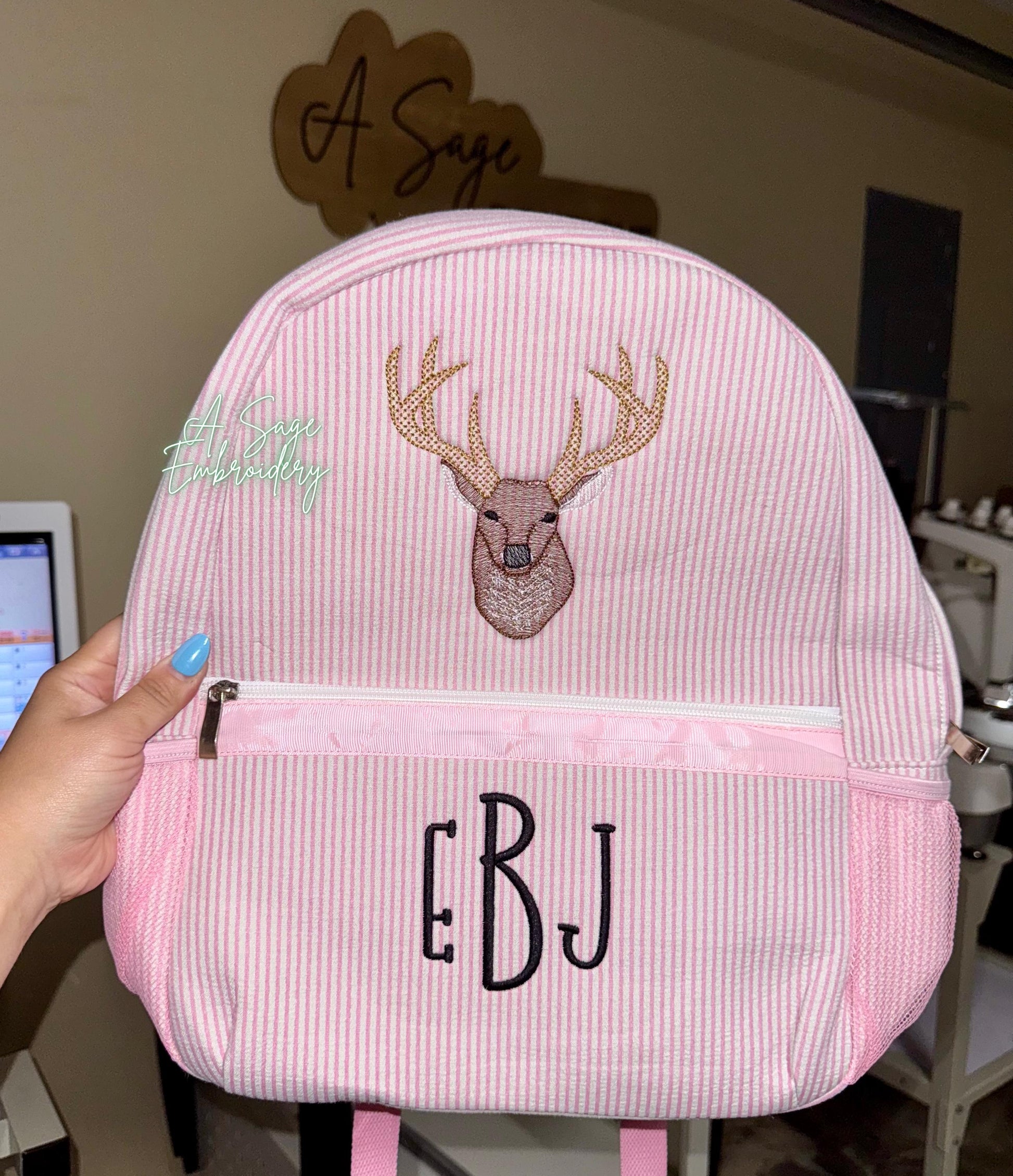 Embroidered Seersucker backpack - deer - deer season - kids backpack - diaper bag - adult backpack - embroidered backpack - embroidery