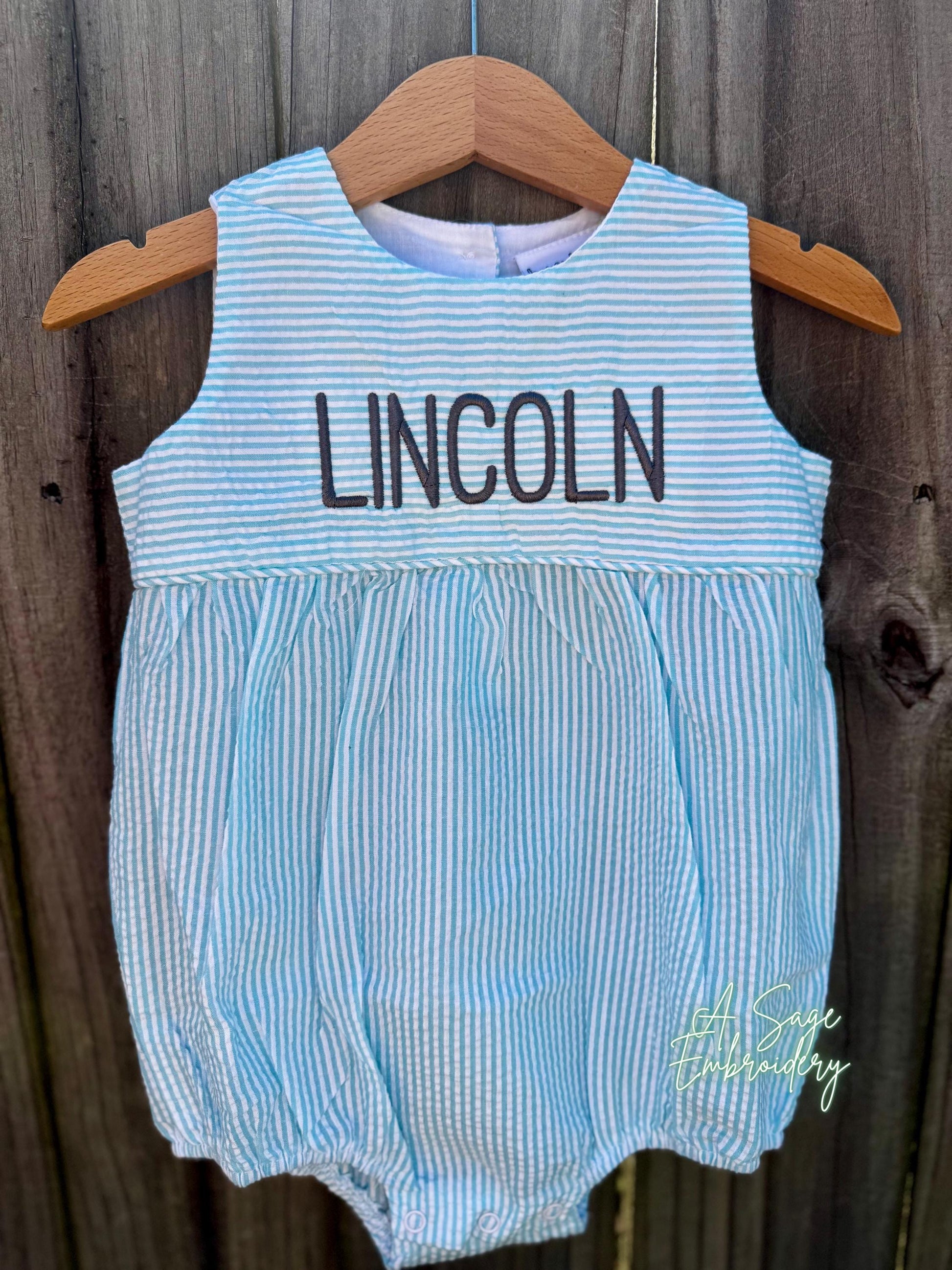 Embroidered custom seersucker bubble romper, boy or girl bubble romper, seersucker embroidery, custom personalized monogram bubble, baby