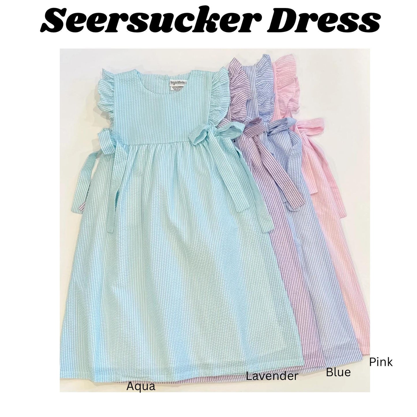 Seersucker side tie dress with custom embroidery, personalized girls seersucker dress, monogram, custom embroidered girls dress, seersucker