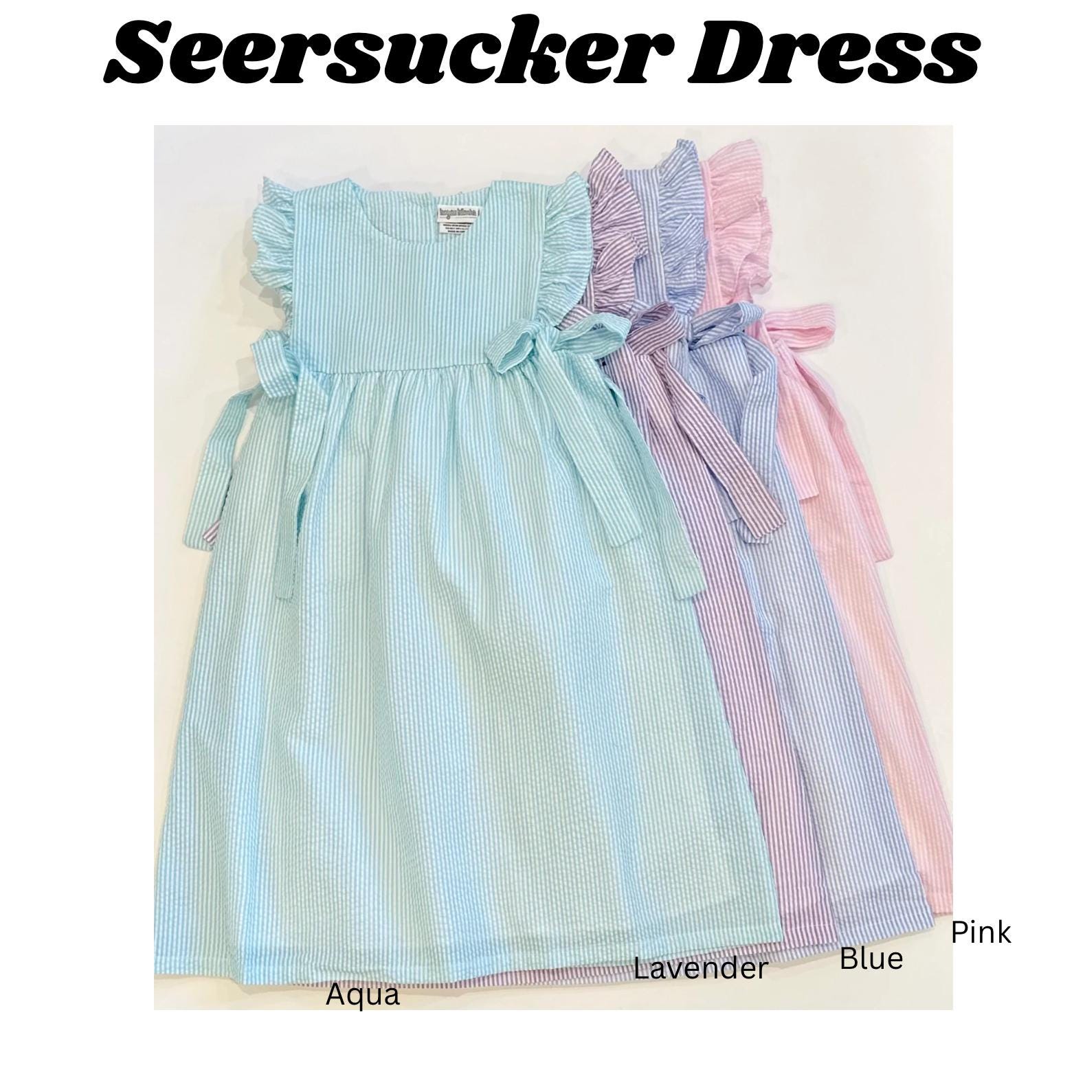 Seersucker side tie dress with custom embroidery, personalized girls seersucker dress, monogram, custom embroidered girls dress, seersucker