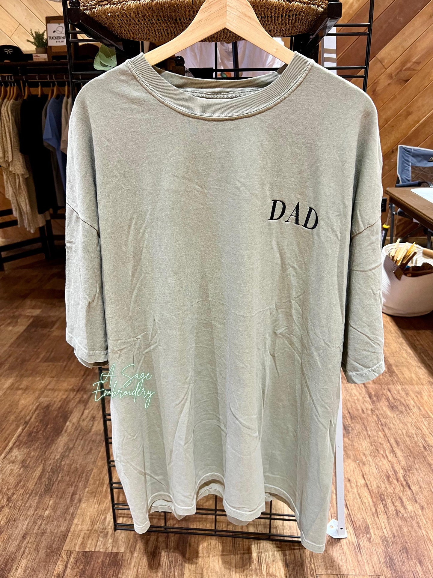 Dad embroidered t shirt, Father’s Day special, father, dad, embroidery, custom embroidery, fathers name on t shirt, left chest design