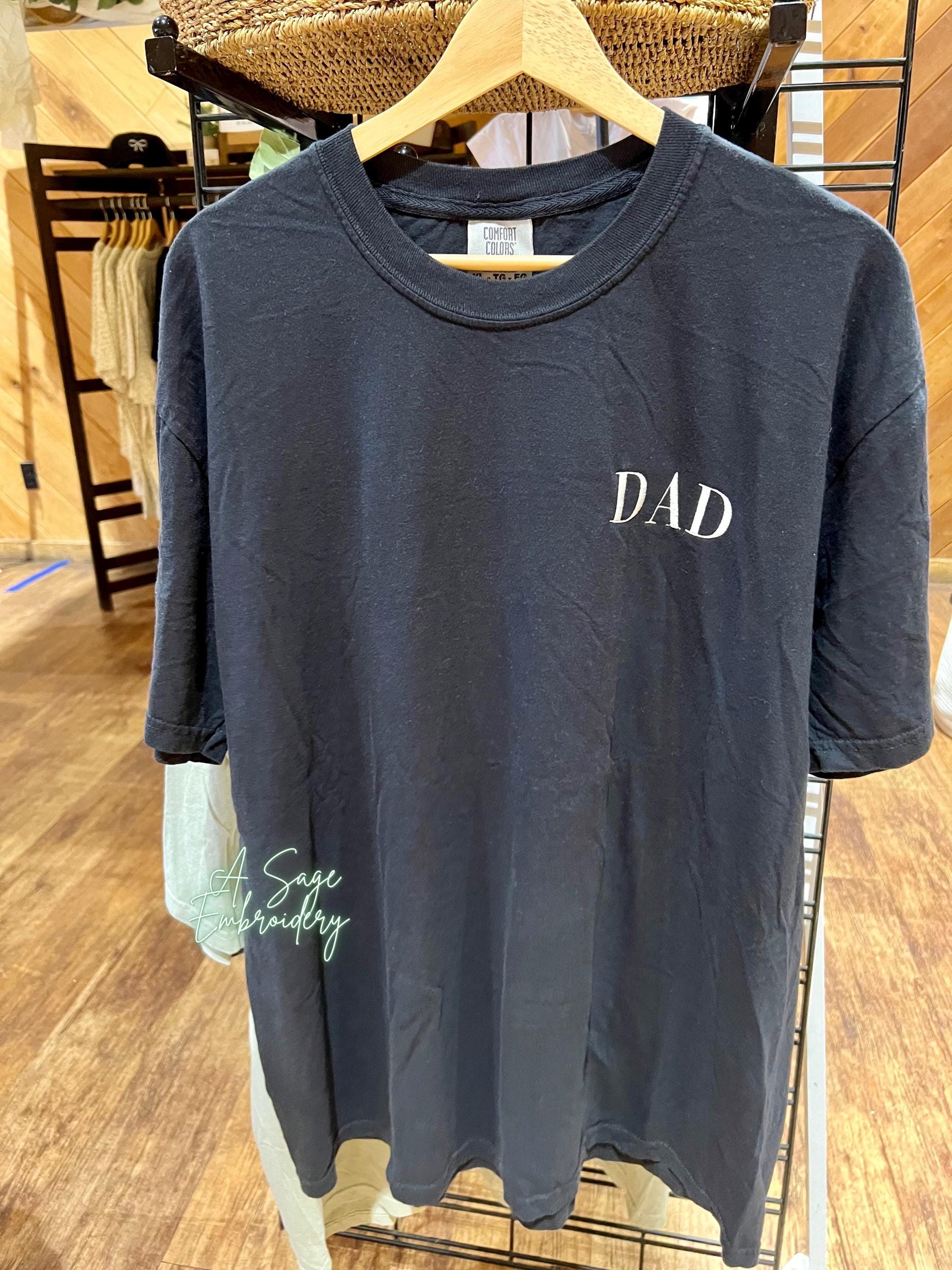 Dad embroidered t shirt, Father’s Day special, father, dad, embroidery, custom embroidery, fathers name on t shirt, left chest design