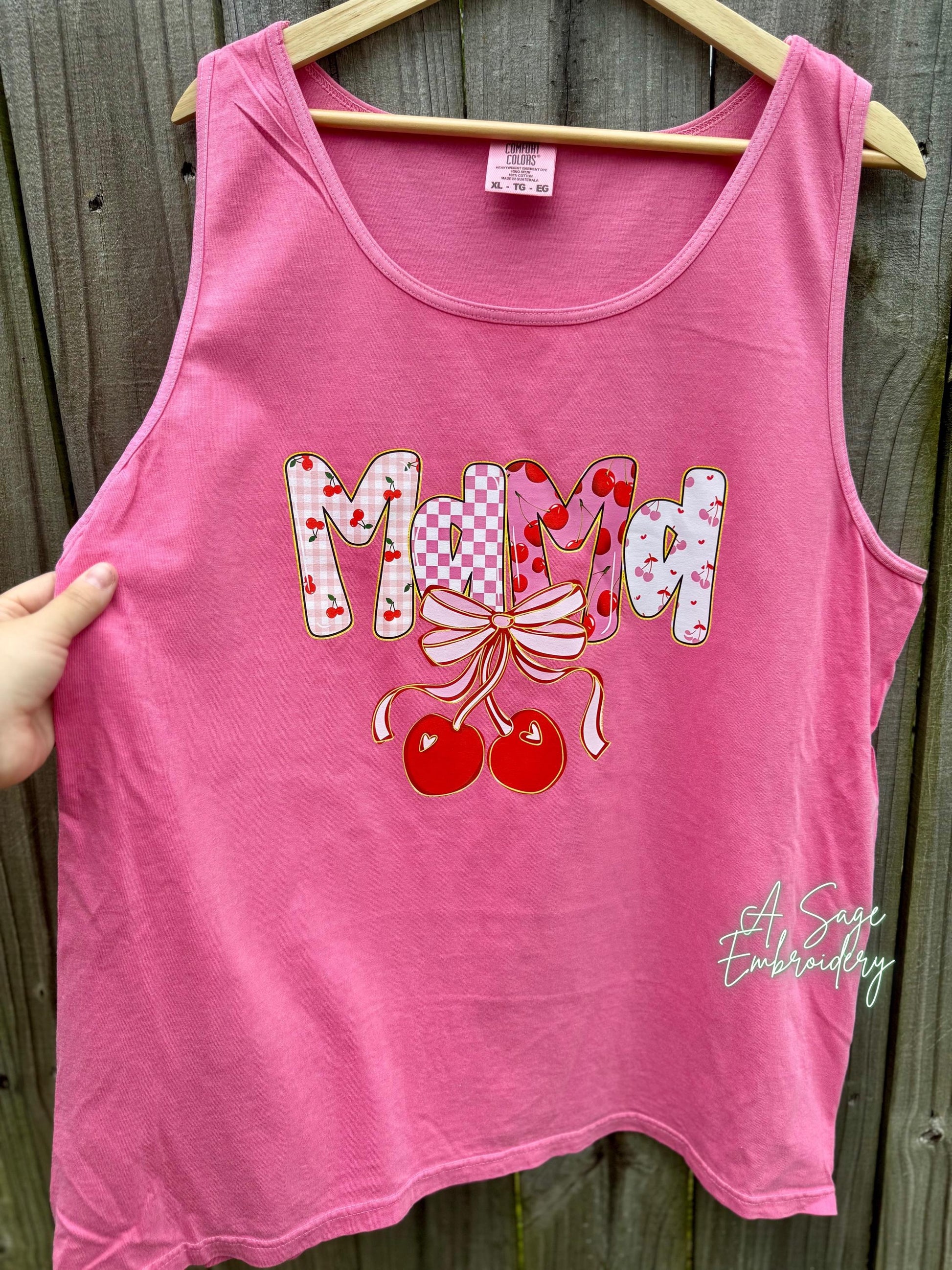 Mama on comfort colors, Gildan, tank top summer, mama cherries, cherry preppy mama dtf design, unisex fit, floral striped mama, coquette bow