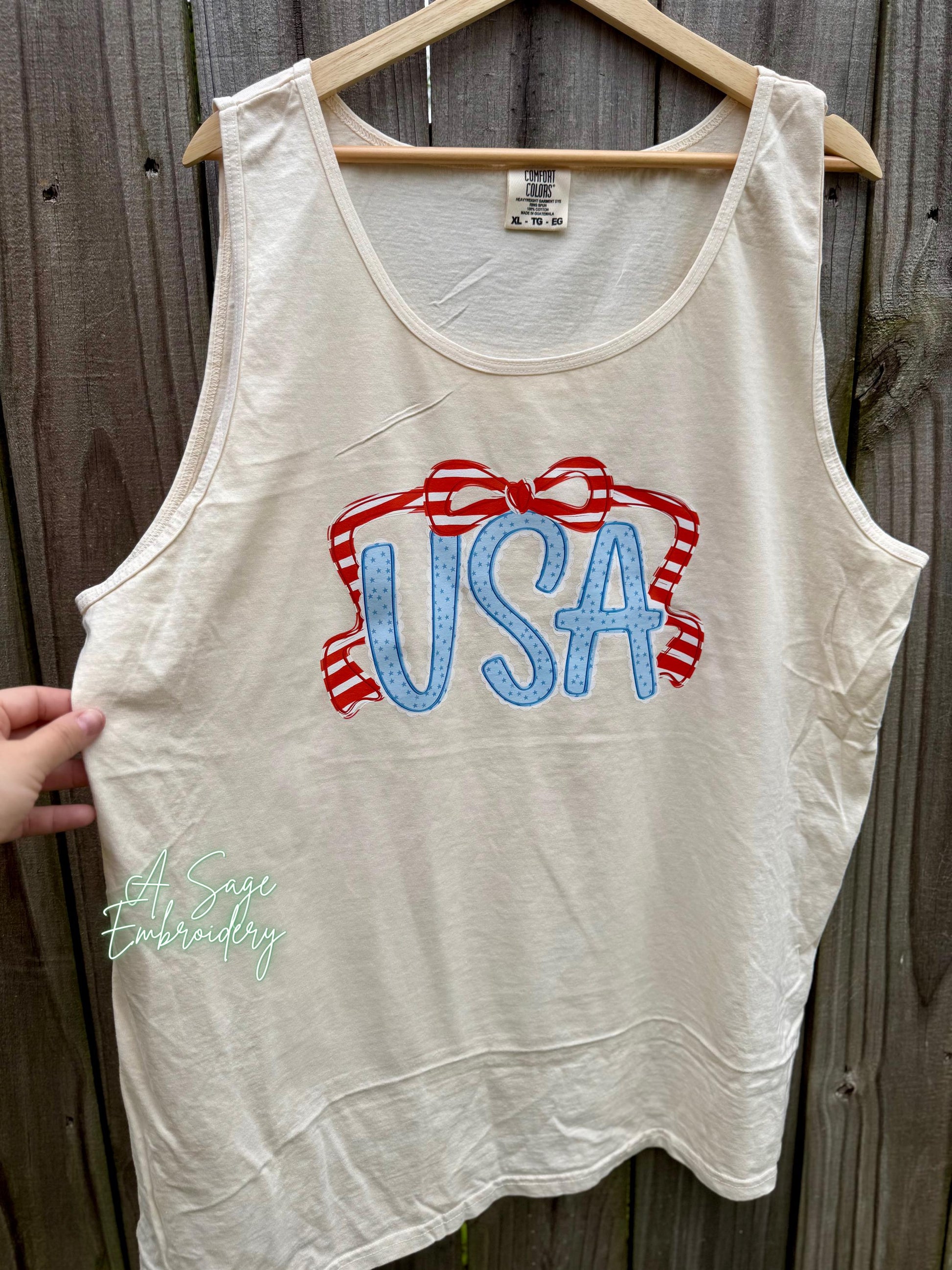 USA on comfort colors, Gildan, tank top summer, mama, preppy USA DTF design, unisex fit, 4th of July, coquette bow, Memorial Day t shirt