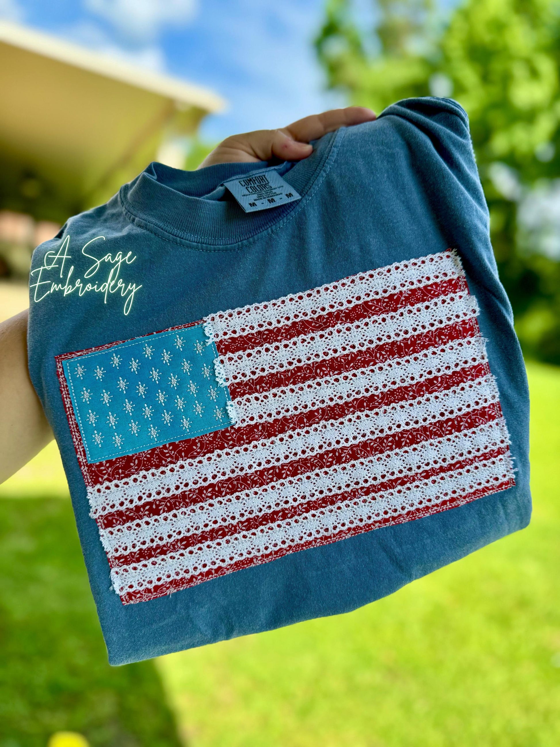 Lace trim flag, patriotic t shirt, applique quilts design t shirt, American flag, USA, 4th of July, Memorial Day, American tee, comfort