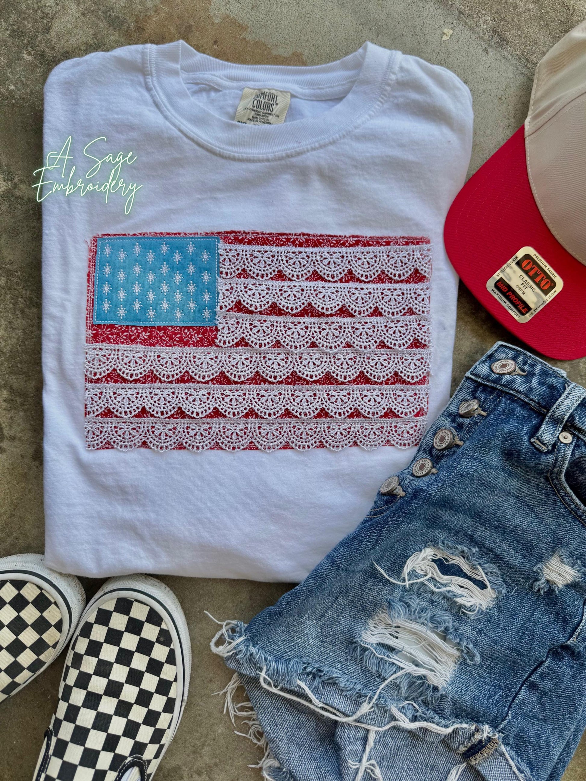Lace trim flag, patriotic t shirt, applique quilts design t shirt, American flag, USA, 4th of July, Memorial Day, American tee, comfort