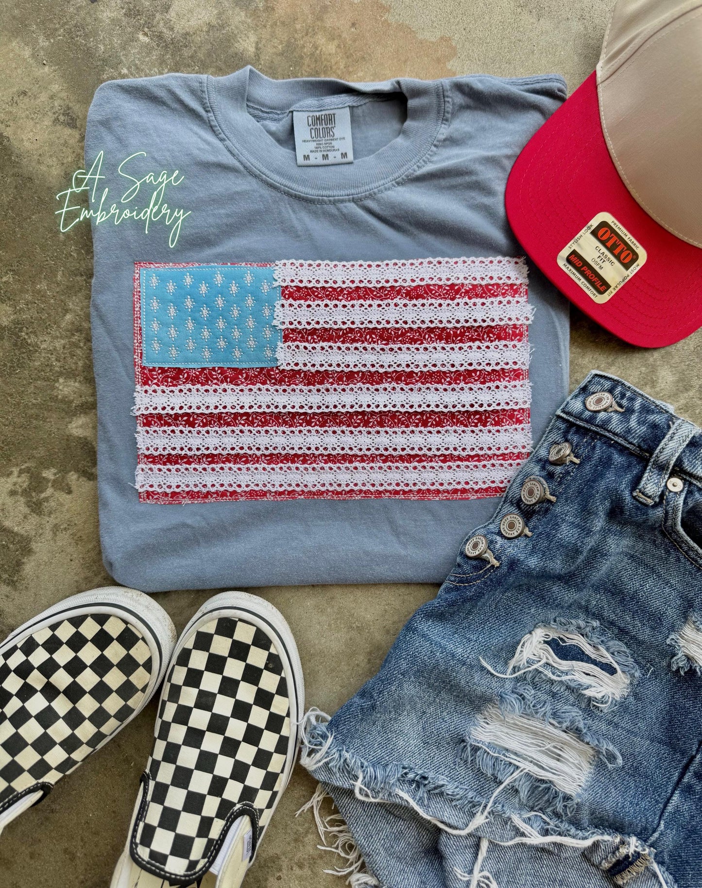 Lace trim flag, patriotic t shirt, applique quilts design t shirt, American flag, USA, 4th of July, Memorial Day, American tee, comfort