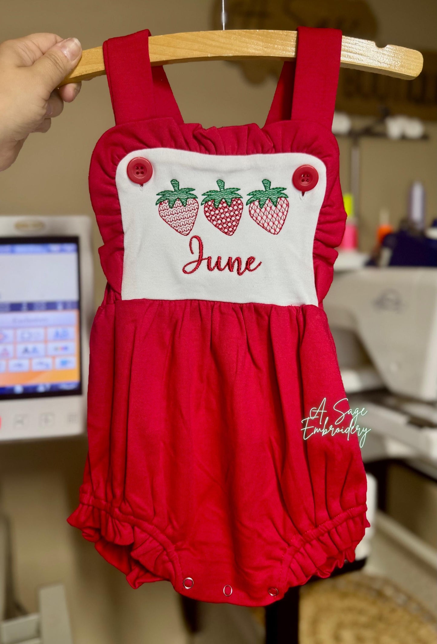 Personalized triple strawberry embroidered sunsuit bubble romper, embroidered strawberry design, custom name sunsuit, criss cross back