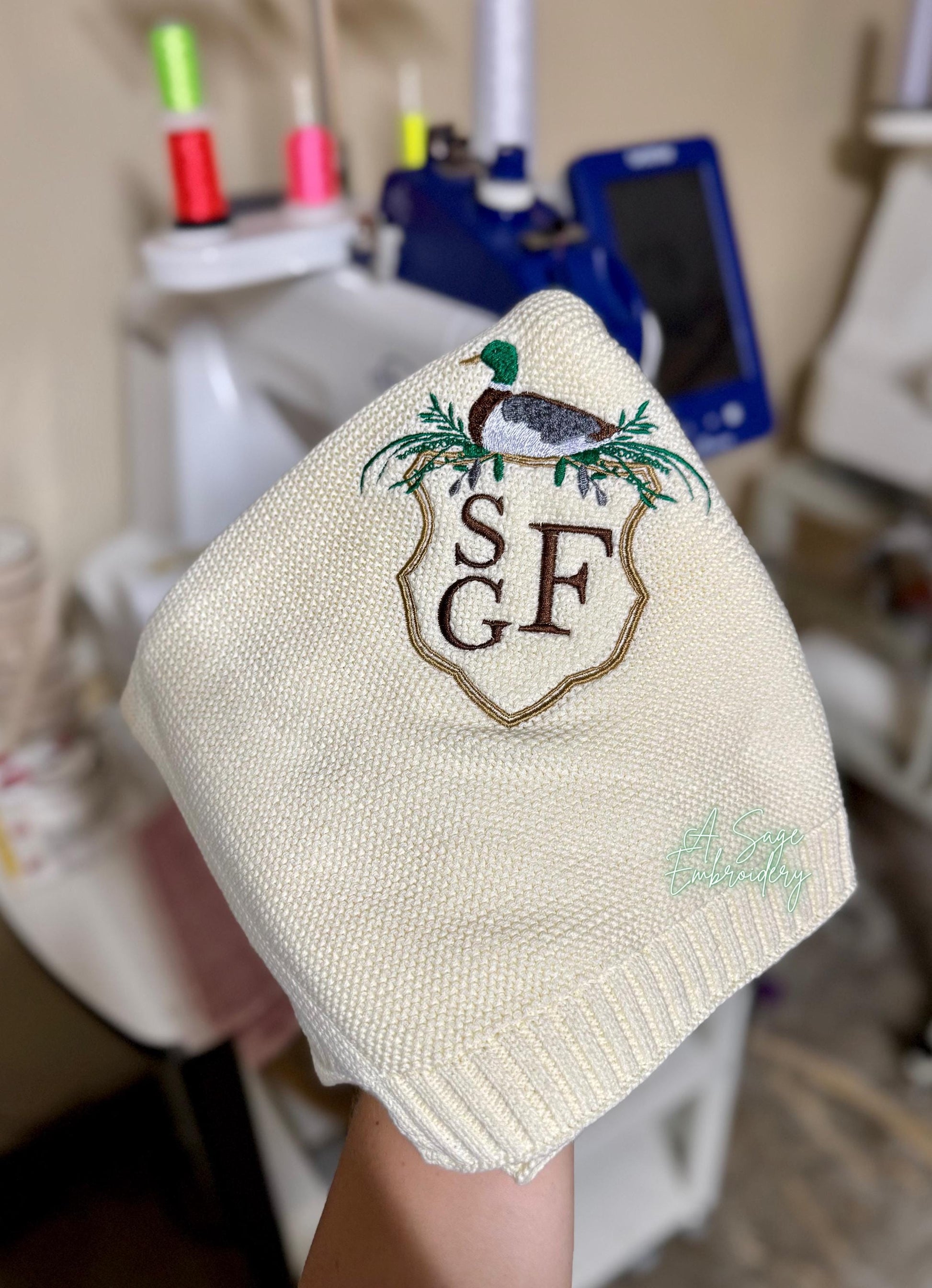 Embroidered crested mallard knitted blanket quilt with custom monogram, personalized baby blanket, baby quilt, embroidered custom blanket