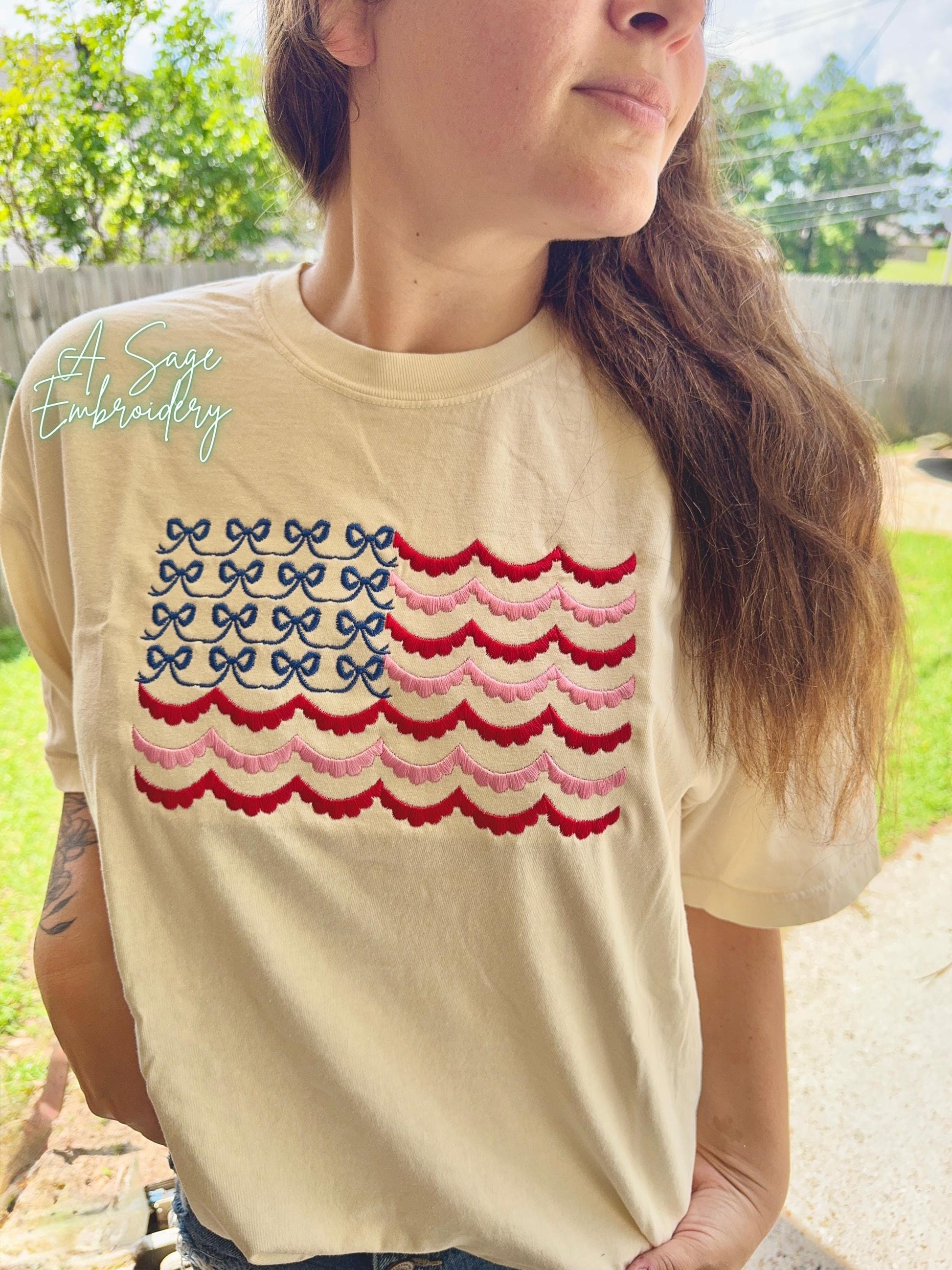 Couquette bow flag, patriotic t shirt, applique quilts design t shirt, American flag, USA, 4th of July, Memorial Day, American tee, comfort