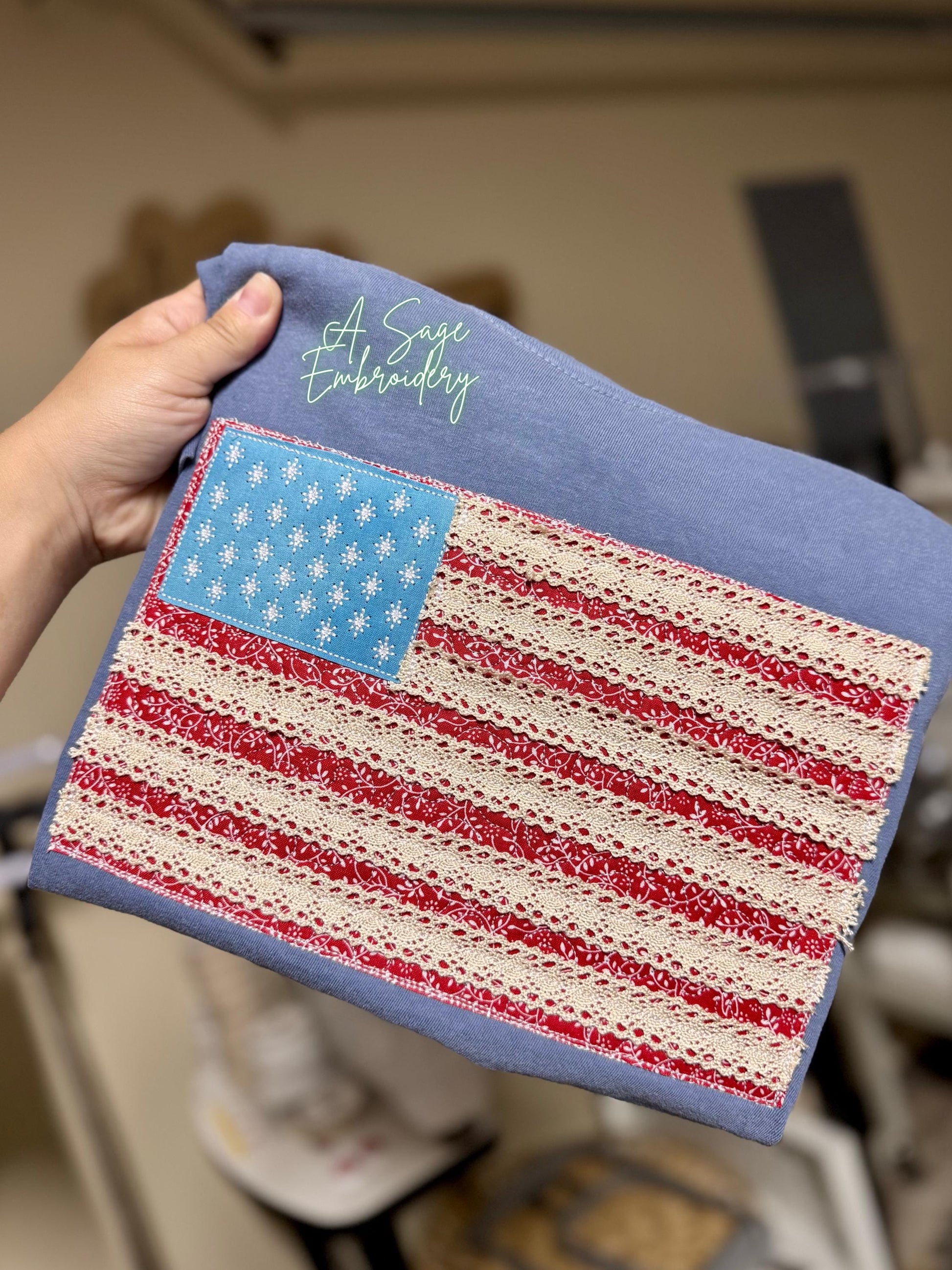 Lace trim flag, patriotic t shirt, applique quilts design t shirt, American flag, USA, 4th of July, Memorial Day, American tee, comfort