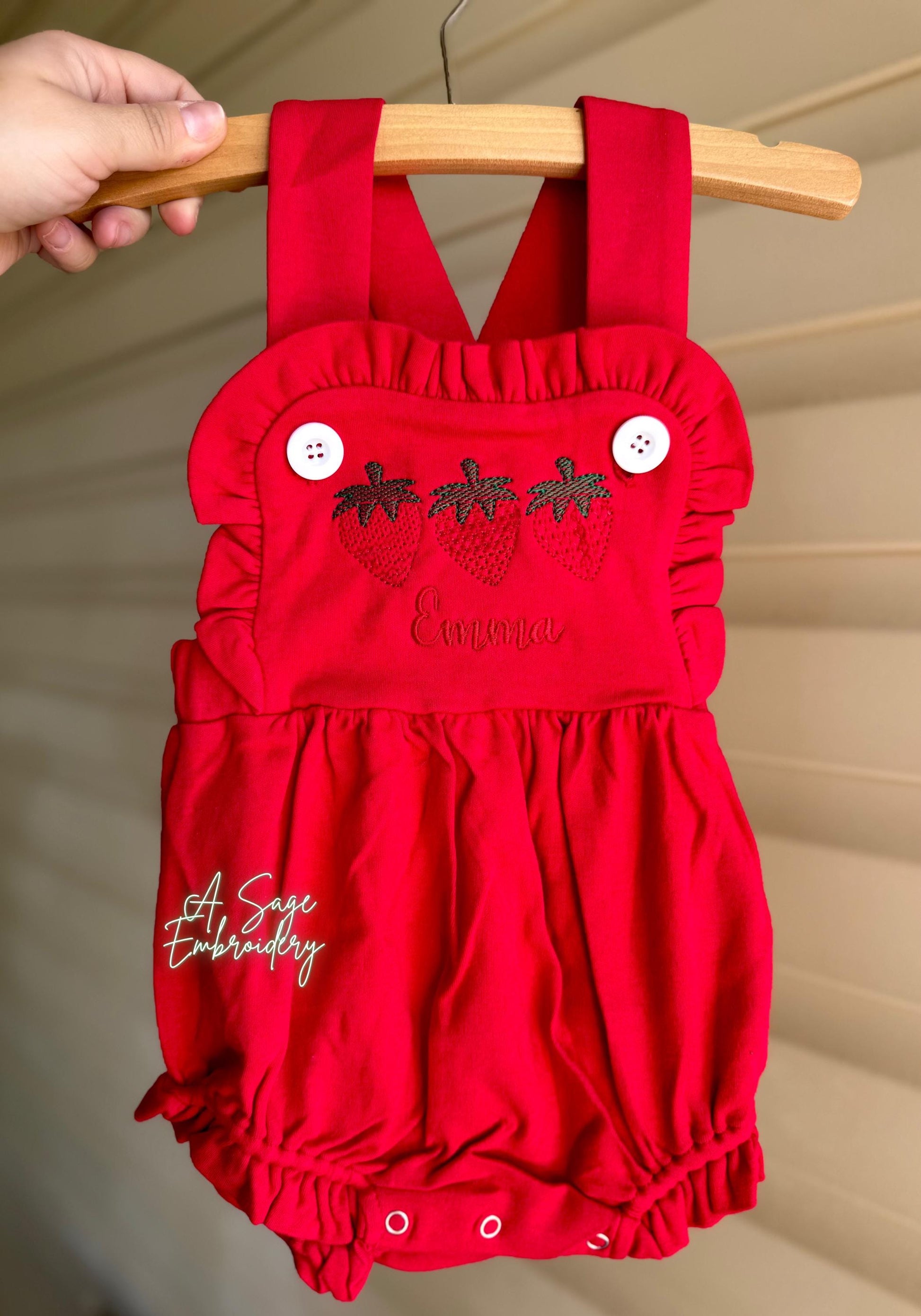Personalized triple strawberry embroidered sunsuit bubble romper, embroidered strawberry design, custom name sunsuit, criss cross back