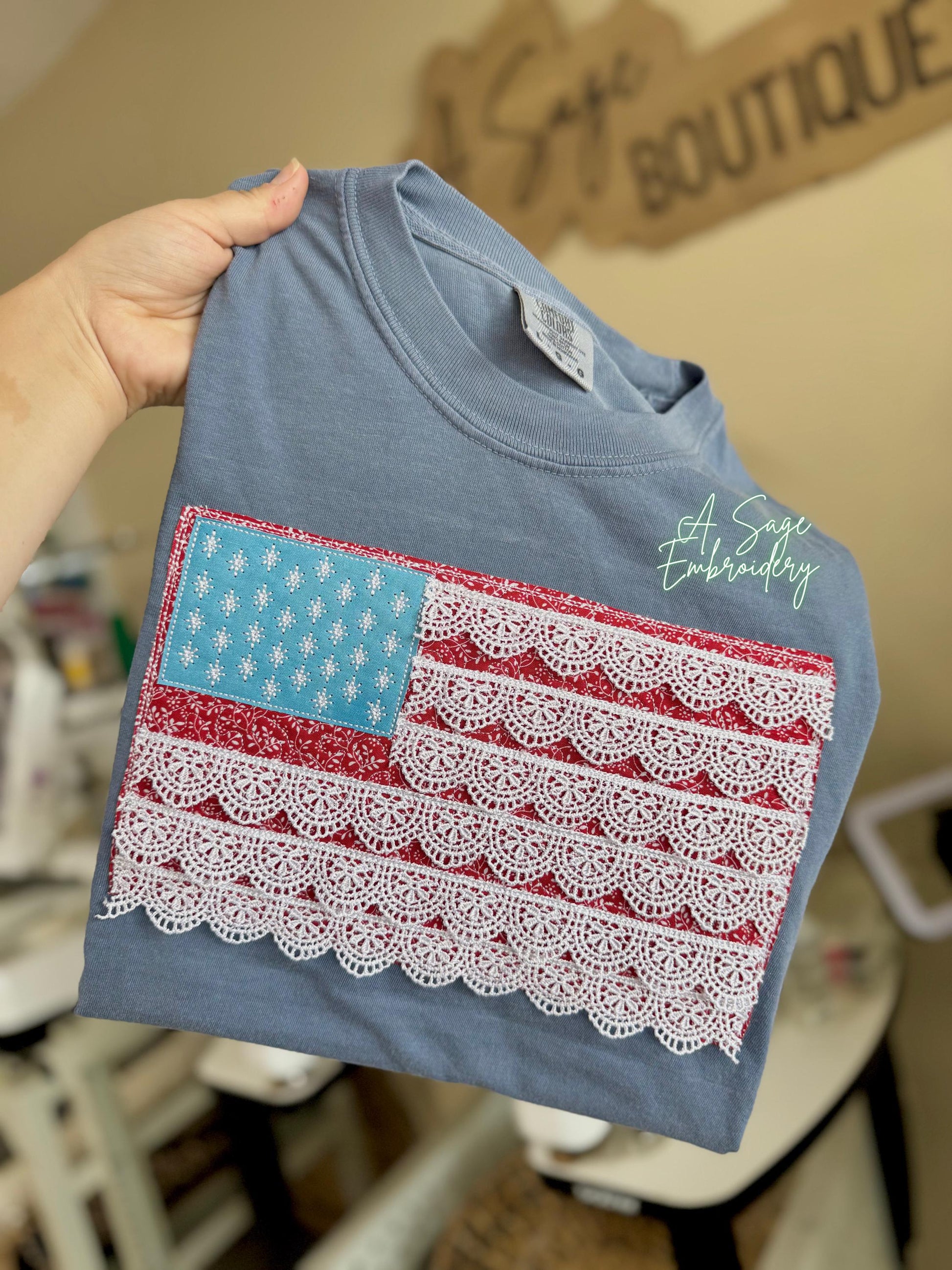 Lace trim flag, patriotic t shirt, applique quilts design t shirt, American flag, USA, 4th of July, Memorial Day, American tee, comfort