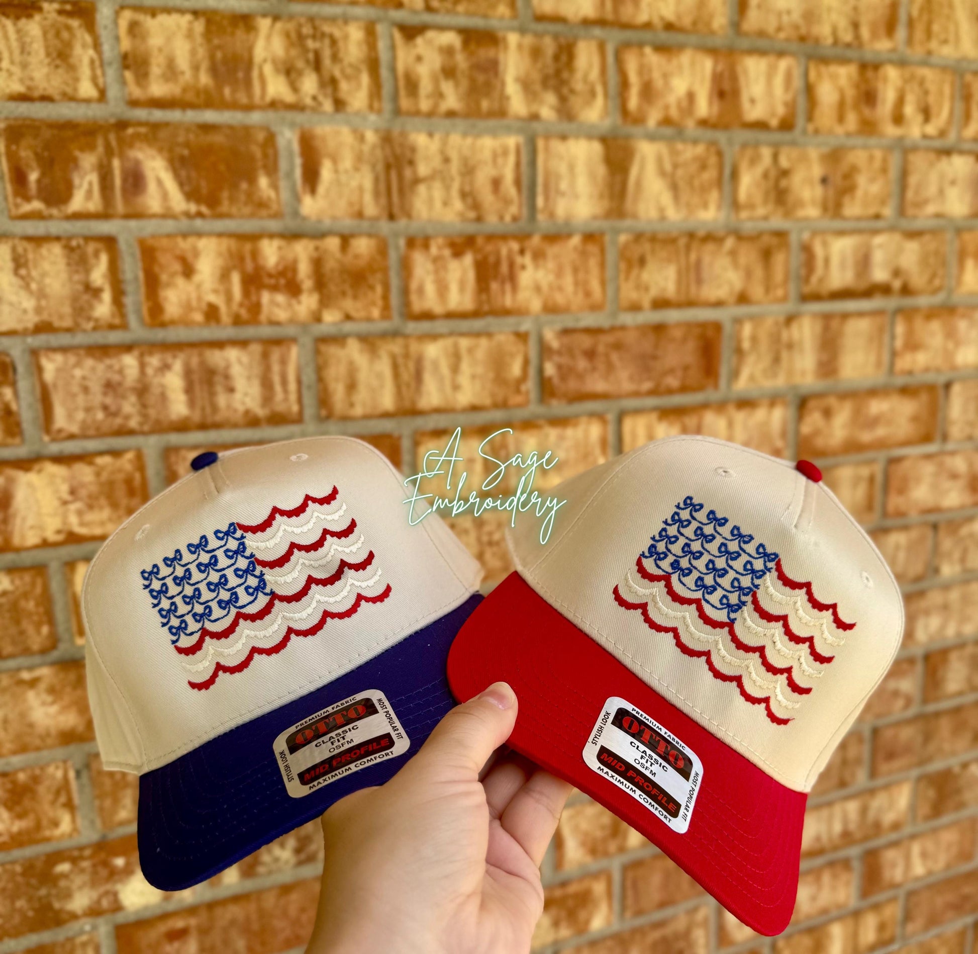 Embroidered USA flag Otto cap, 5 panel Otto cap, trucker hat, custom embroidery, embroidery trucker hat, patriotic, scalloped flag