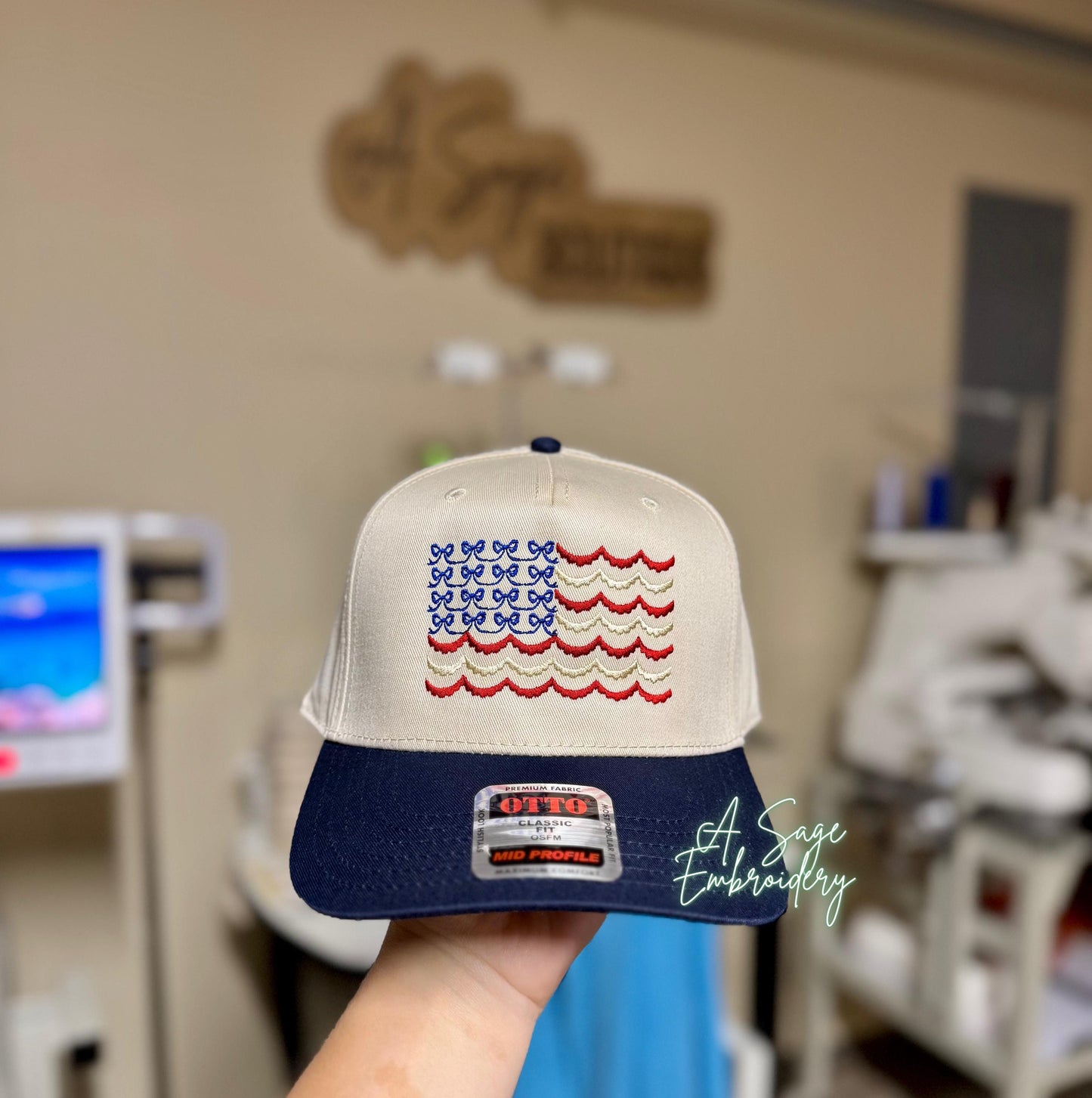 Embroidered USA flag Otto cap, 5 panel Otto cap, trucker hat, custom embroidery, embroidery trucker hat, patriotic, scalloped flag