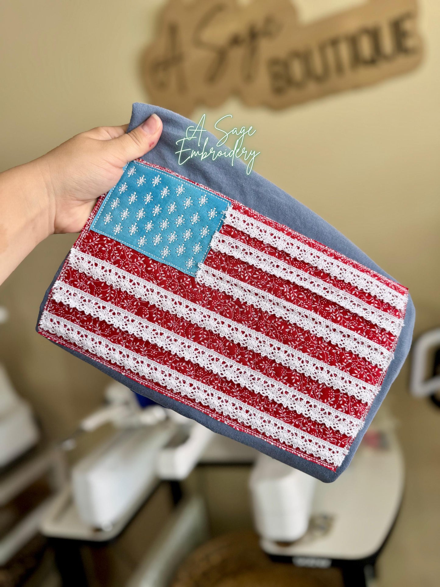 Lace trim flag, patriotic t shirt, applique quilts design t shirt, American flag, USA, 4th of July, Memorial Day, American tee, comfort