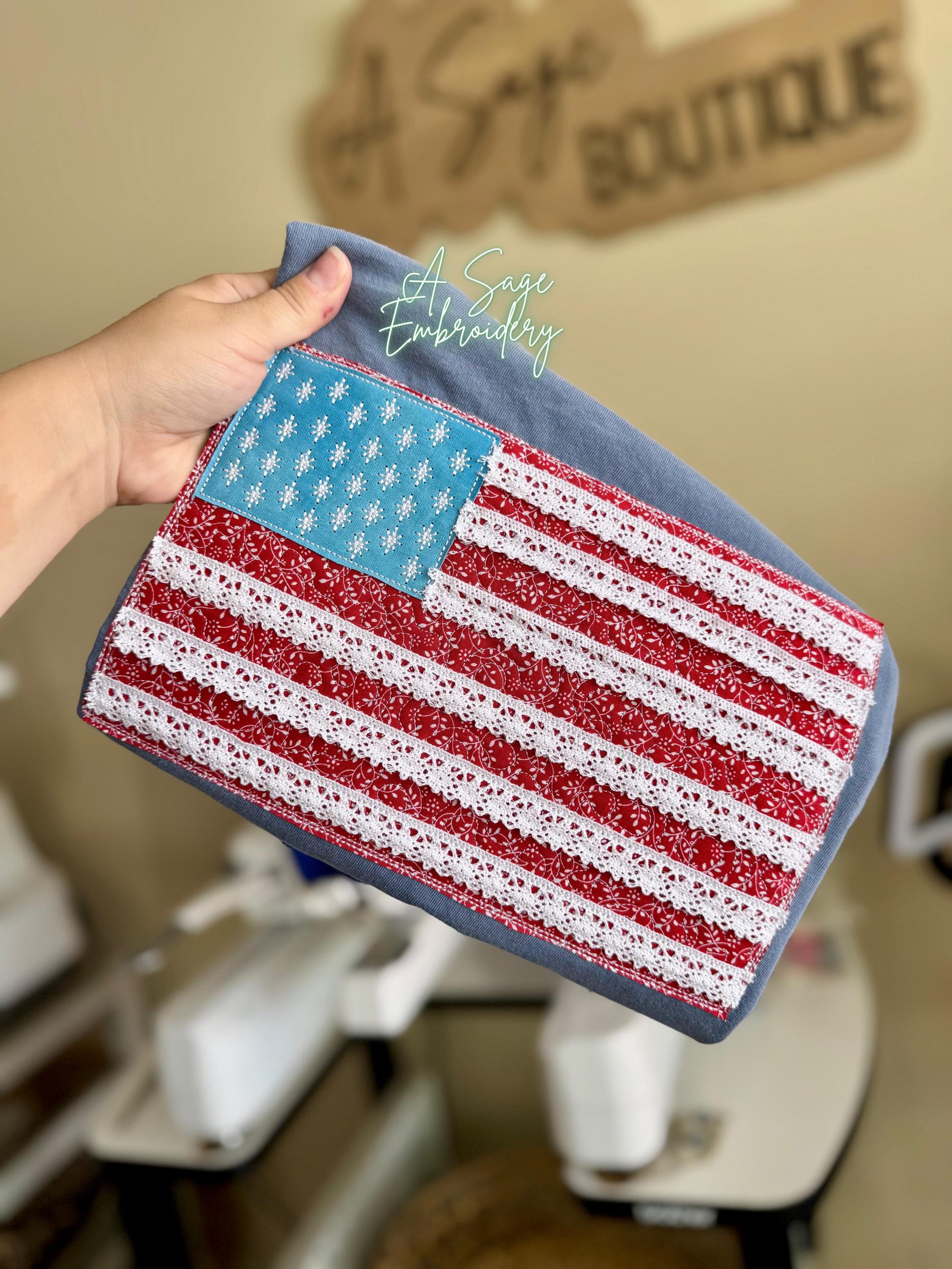 Lace trim flag, patriotic t shirt, applique quilts design t shirt, American flag, USA, 4th of July, Memorial Day, American tee, comfort