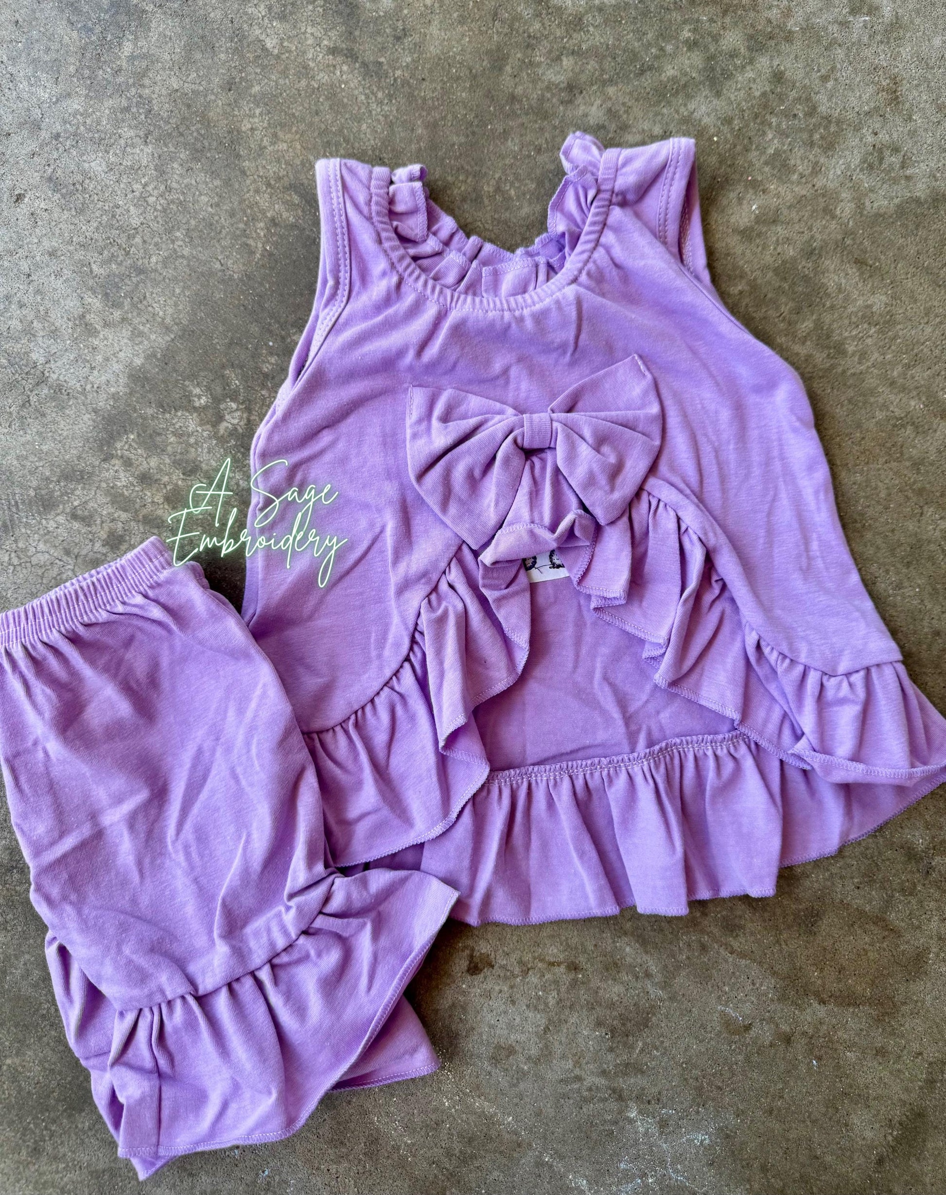 Embroidered open back ruffle back bow shorts set / embroidered girls shorts set / infant and toddler girls custom personalized sets / stitch
