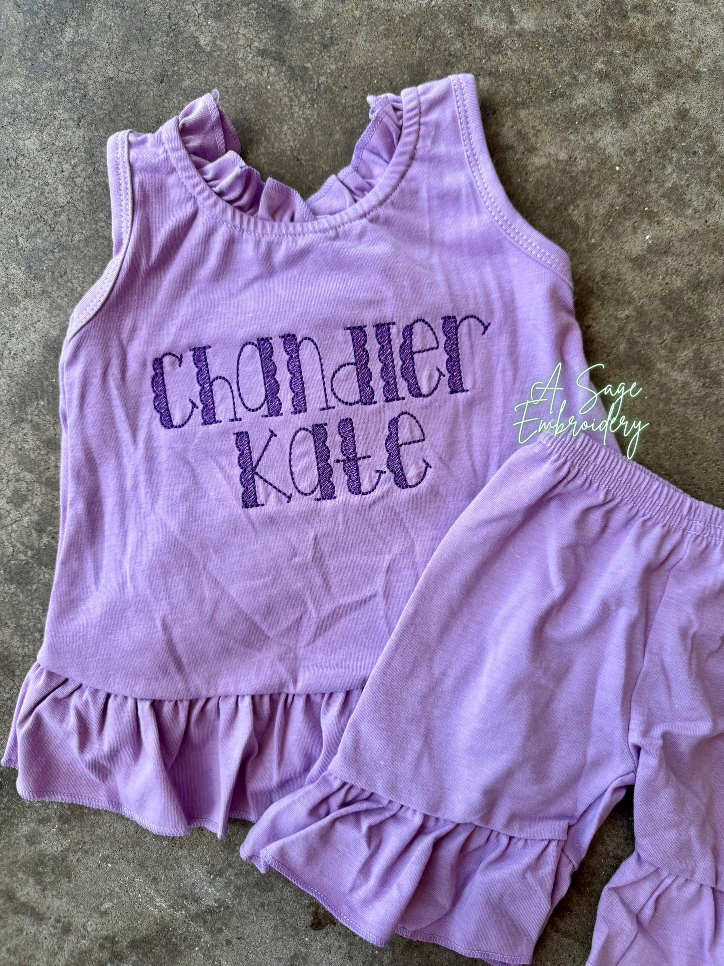 Embroidered open back ruffle back bow shorts set / embroidered girls shorts set / infant and toddler girls custom personalized sets / stitch