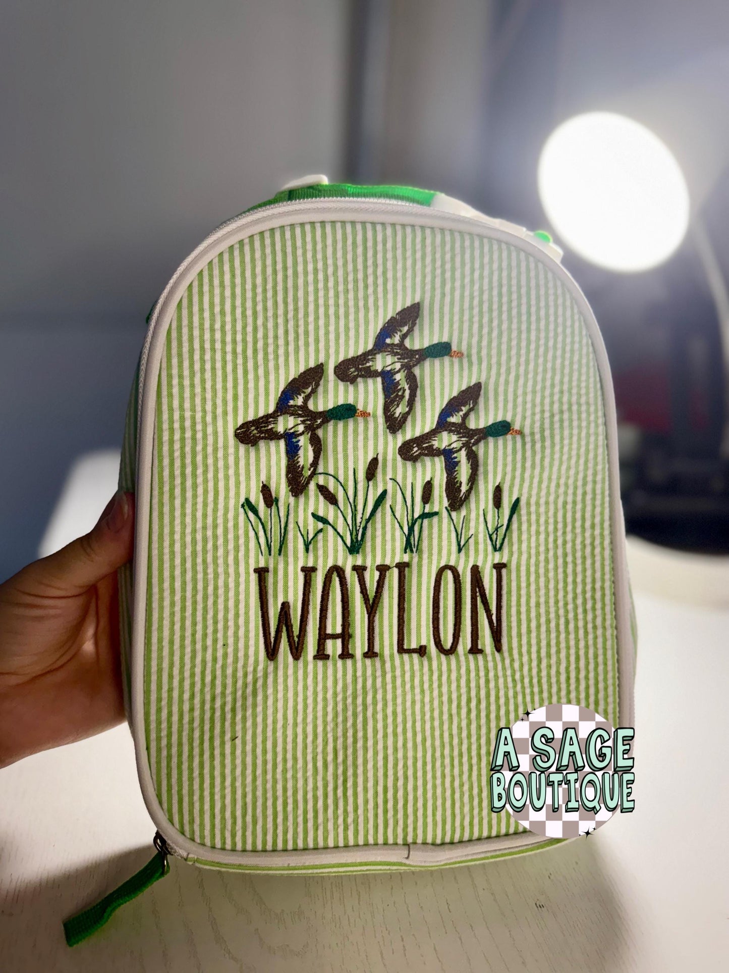 Embroidered Seersucker lunch box - mallard ducks - swamp - kids lunch box - lunch bag - adult lunch box - embroidered lunch box -embroidery