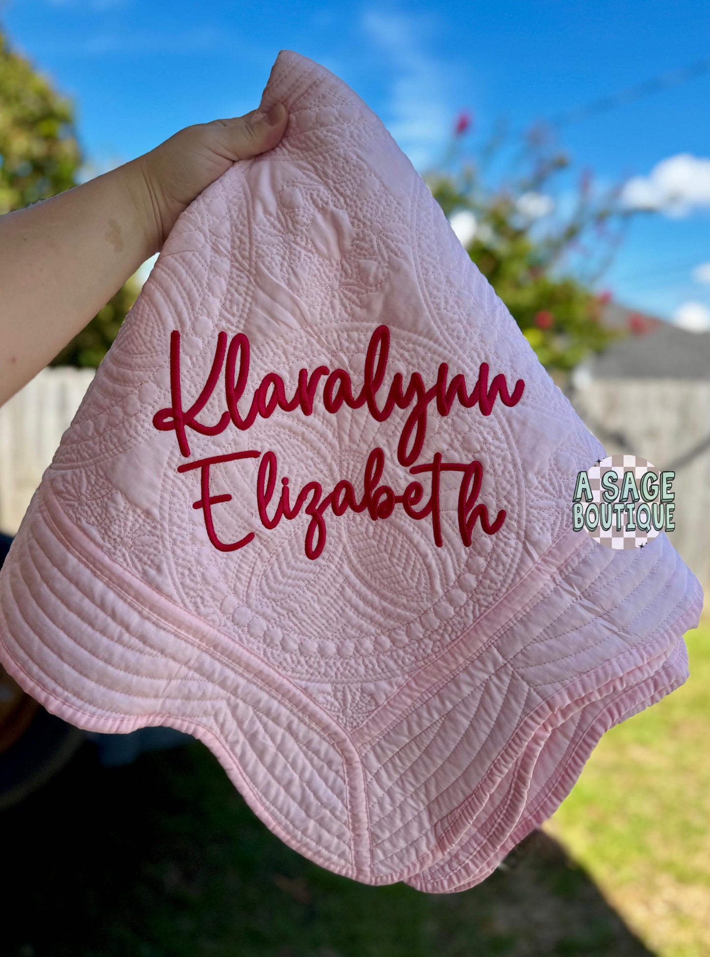 Embroidered custom name heirloom quilt with custom monogram, personalized baby blanket, baby girl quilt, embroidered custom heirloom blanket