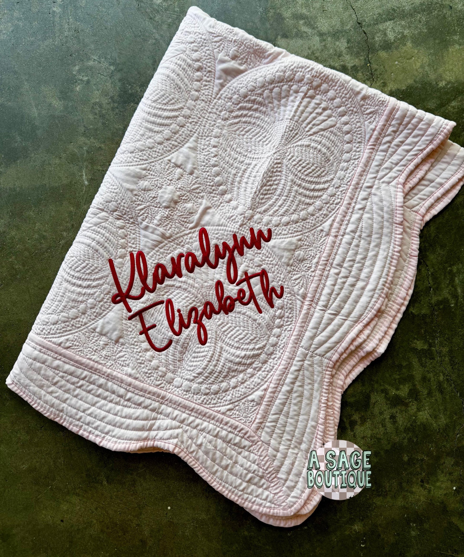 Embroidered custom name heirloom quilt with custom monogram, personalized baby blanket, baby girl quilt, embroidered custom heirloom blanket