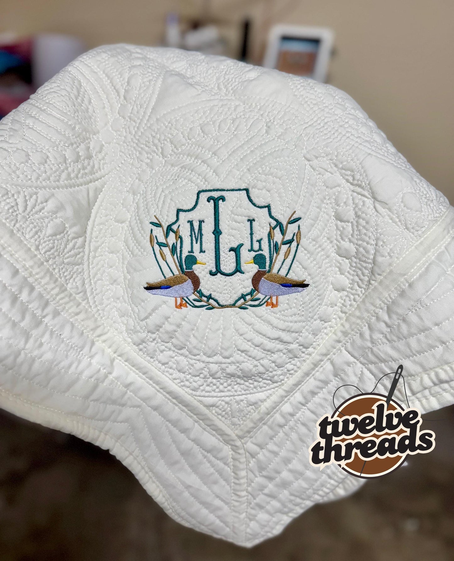 Embroidered mallard duck heirloom quilt with custom monogram, personalized baby blanket, baby boy quilt, embroidered custom heirloom blanket