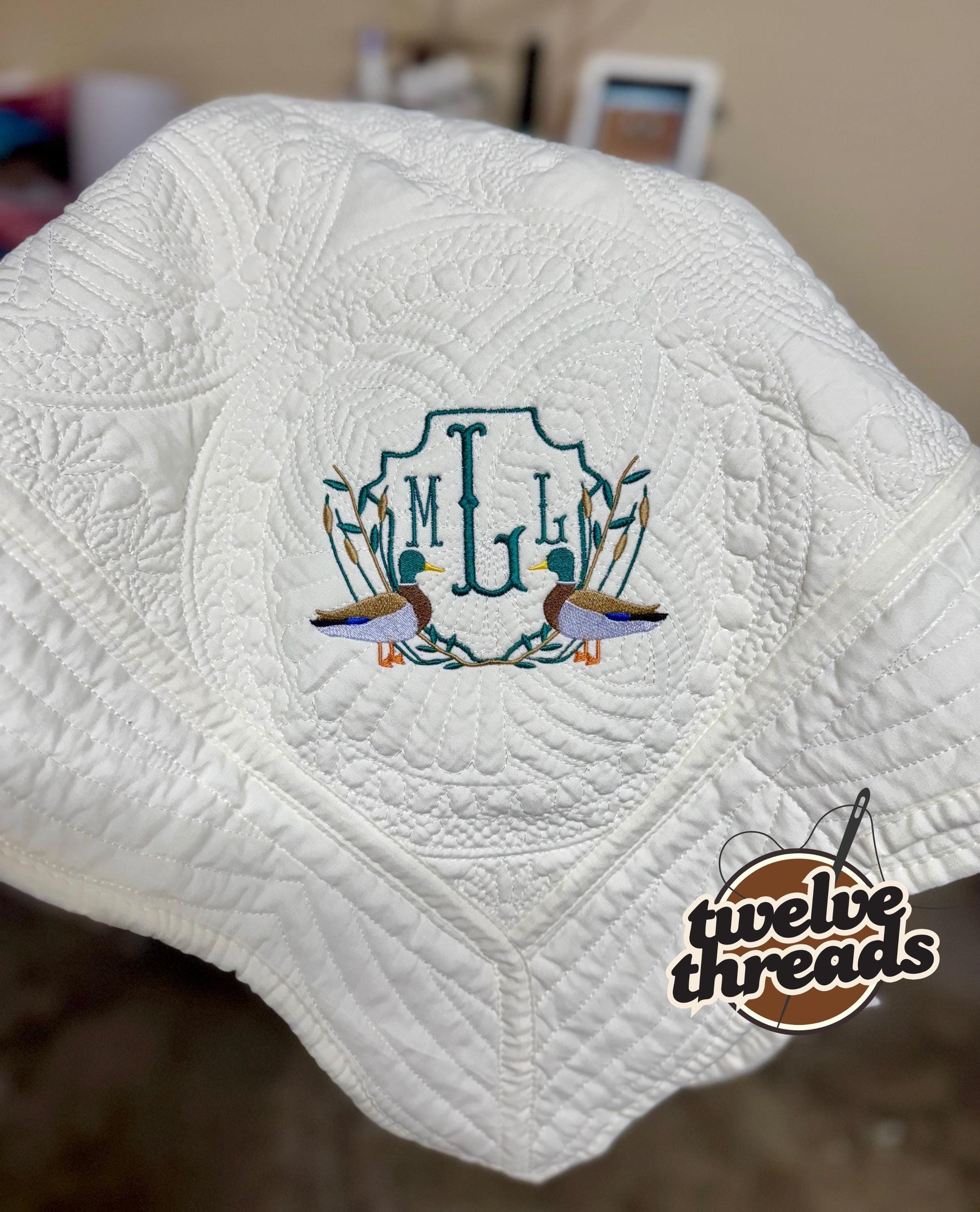 Embroidered mallard duck heirloom quilt with custom monogram, personalized baby blanket, baby boy quilt, embroidered custom heirloom blanket