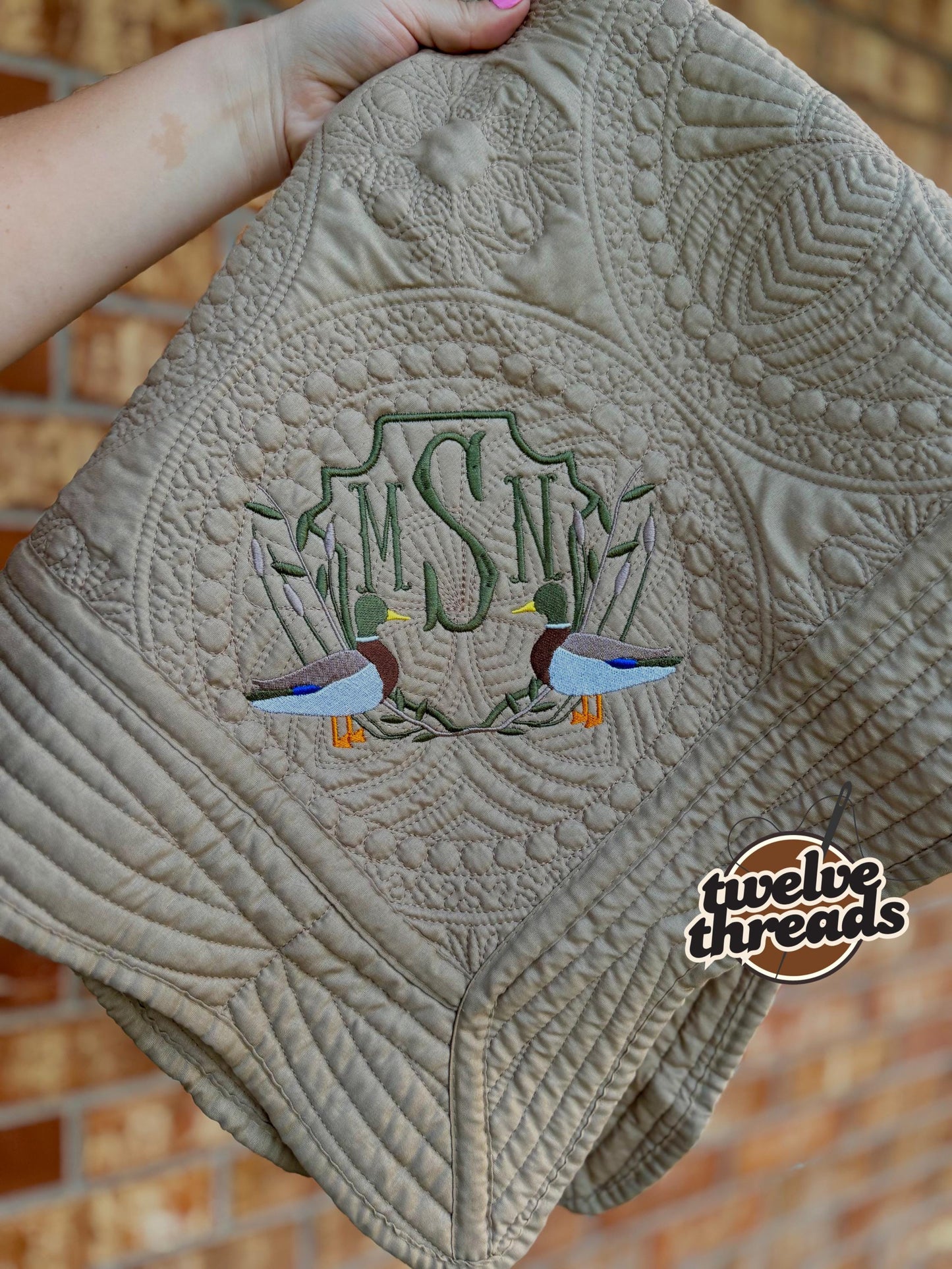 Embroidered mallard duck heirloom quilt with custom monogram, personalized baby blanket, baby boy quilt, embroidered custom heirloom blanket