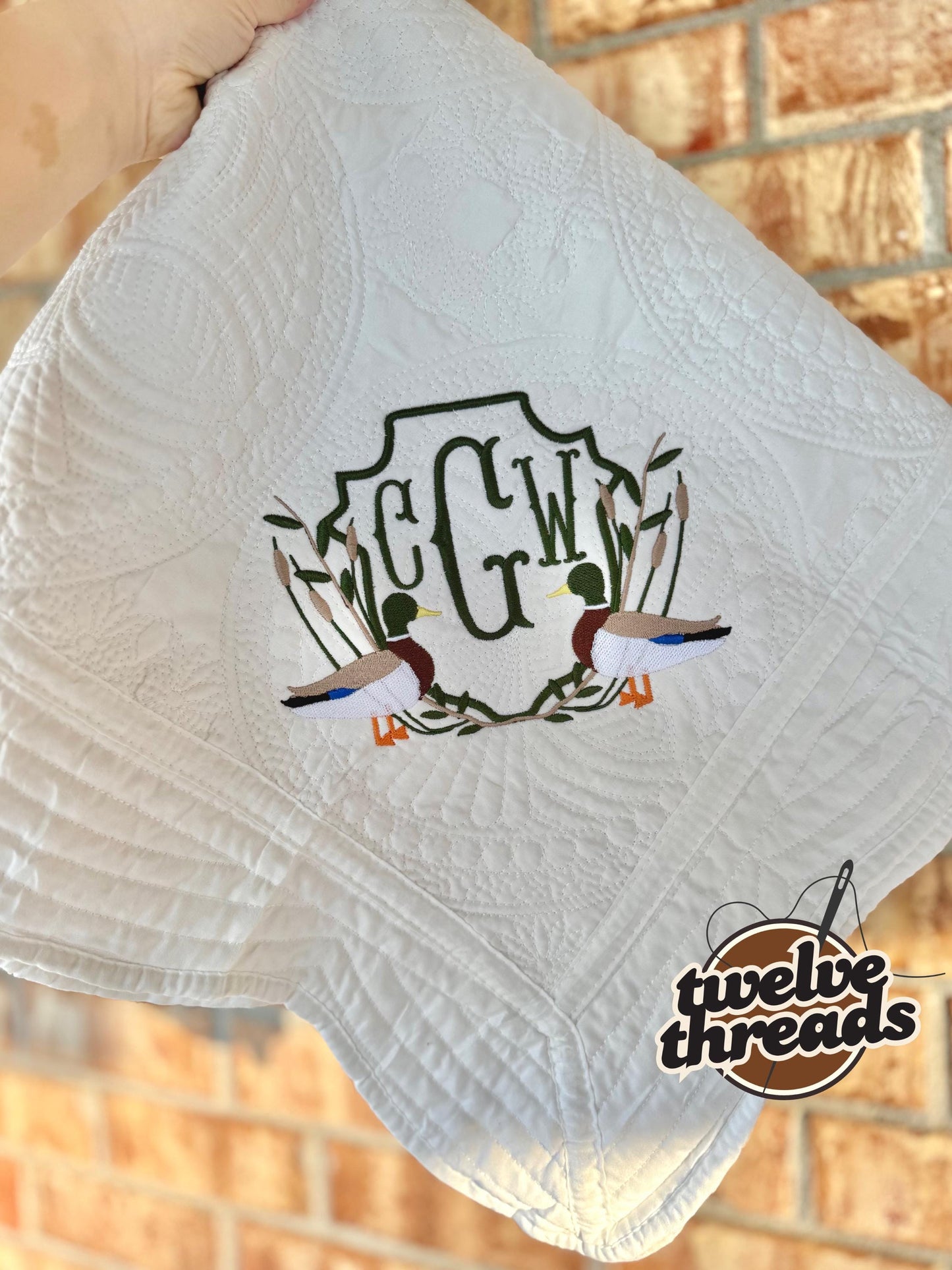Embroidered mallard duck heirloom quilt with custom monogram, personalized baby blanket, baby boy quilt, embroidered custom heirloom blanket