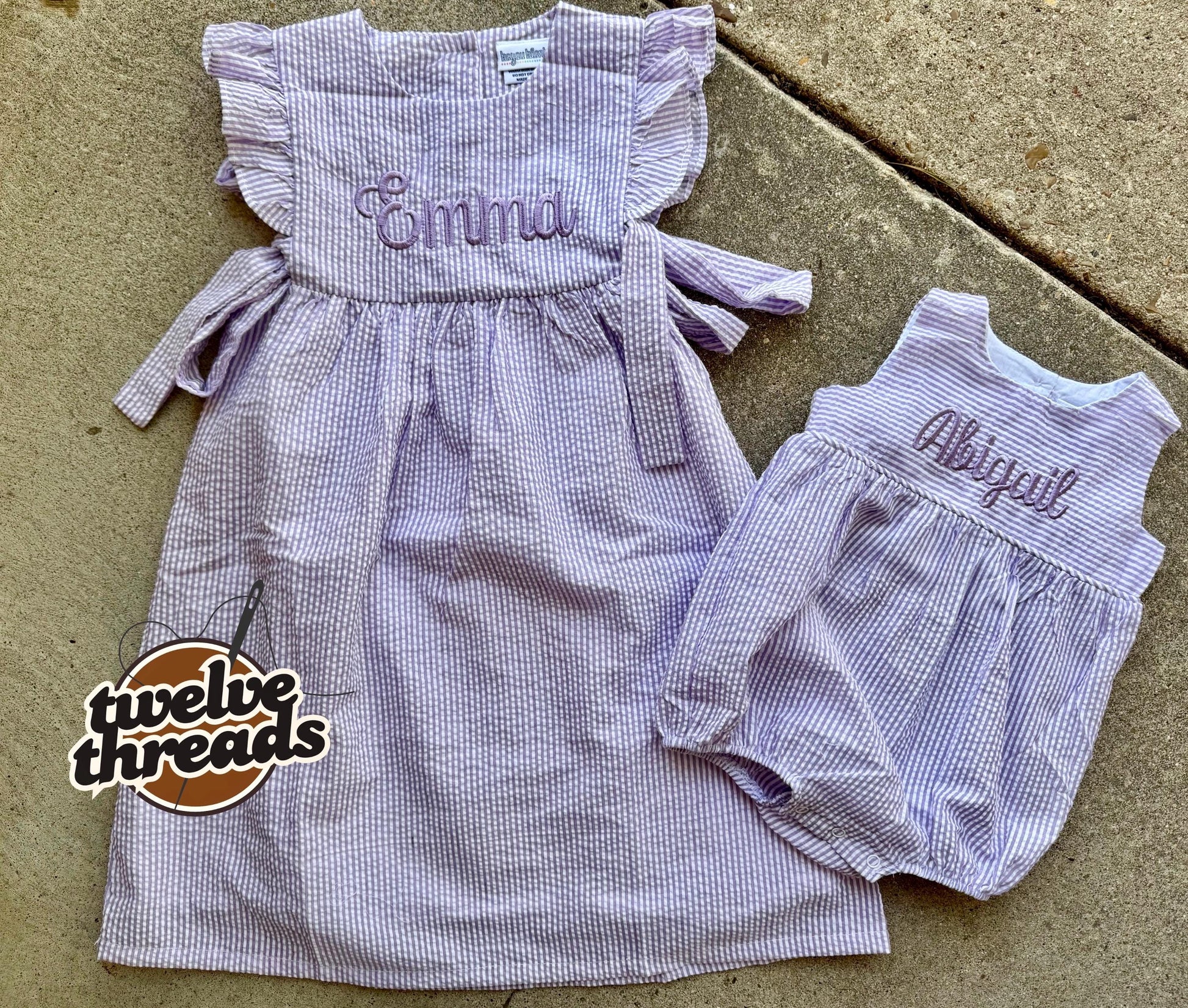 Seersucker side tie dress with custom embroidery, personalized girls seersucker dress, monogram, custom embroidered girls dress, seersucker