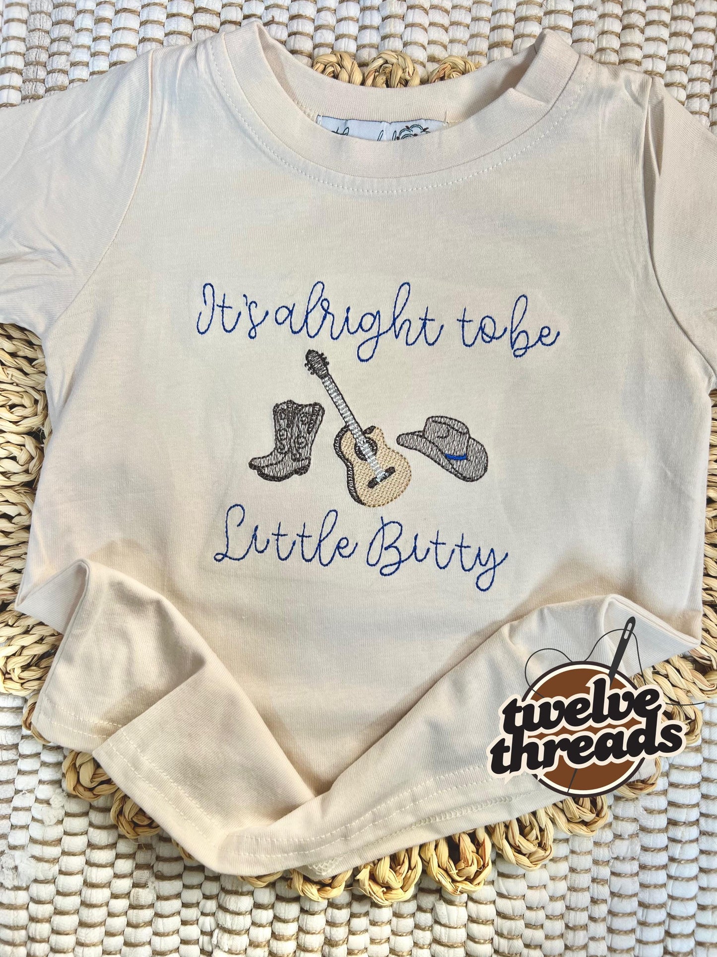 It’s alright to be Little Bitty - country song - Alan Jackson - western - cowboy - embroidered t shirt - kids bubble romper - embroidery -