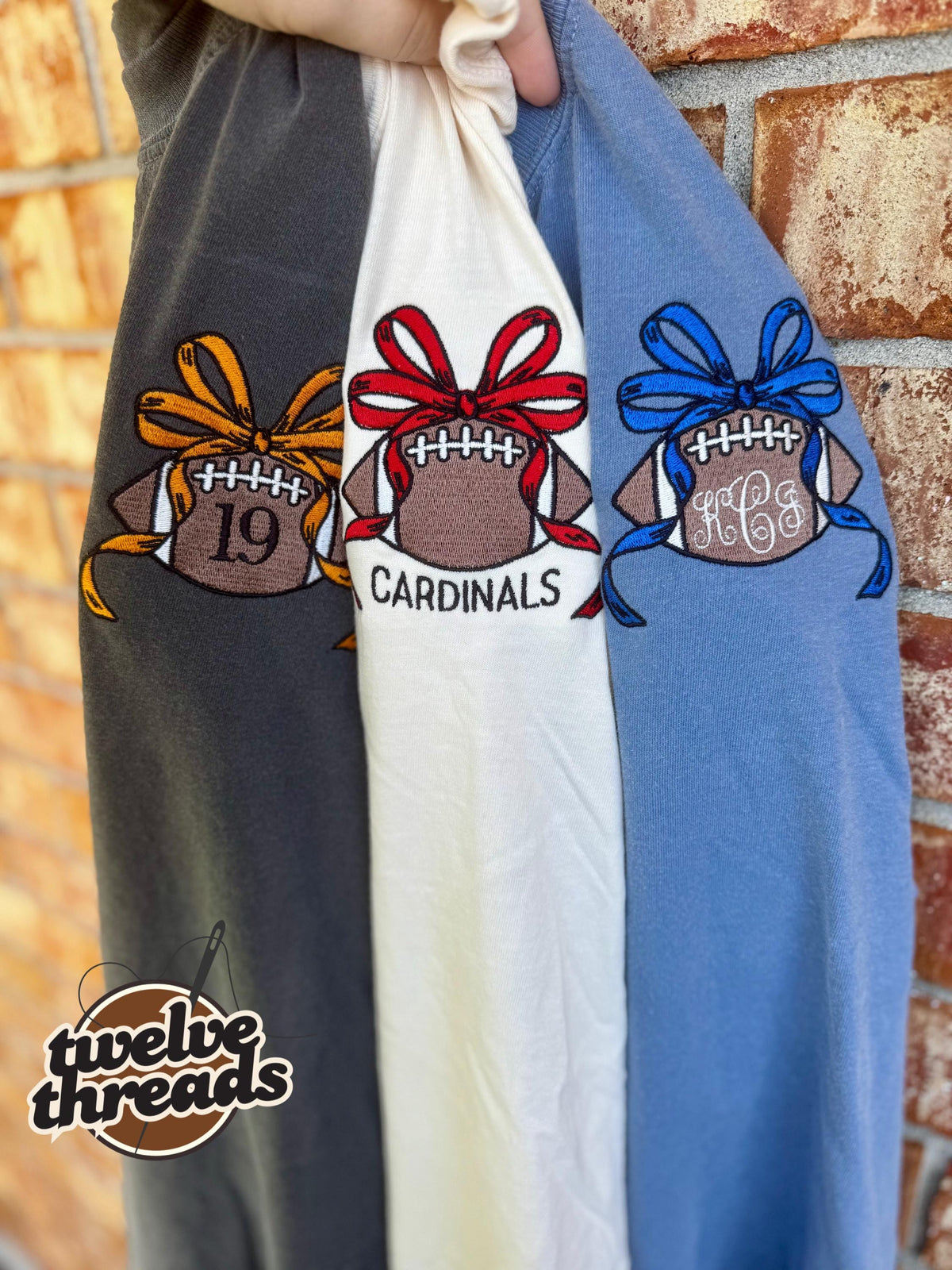 Custom football coquette bow, embroidered with team name, team number, custom monogram, football spirit wear, school spirit, sports, cheer
