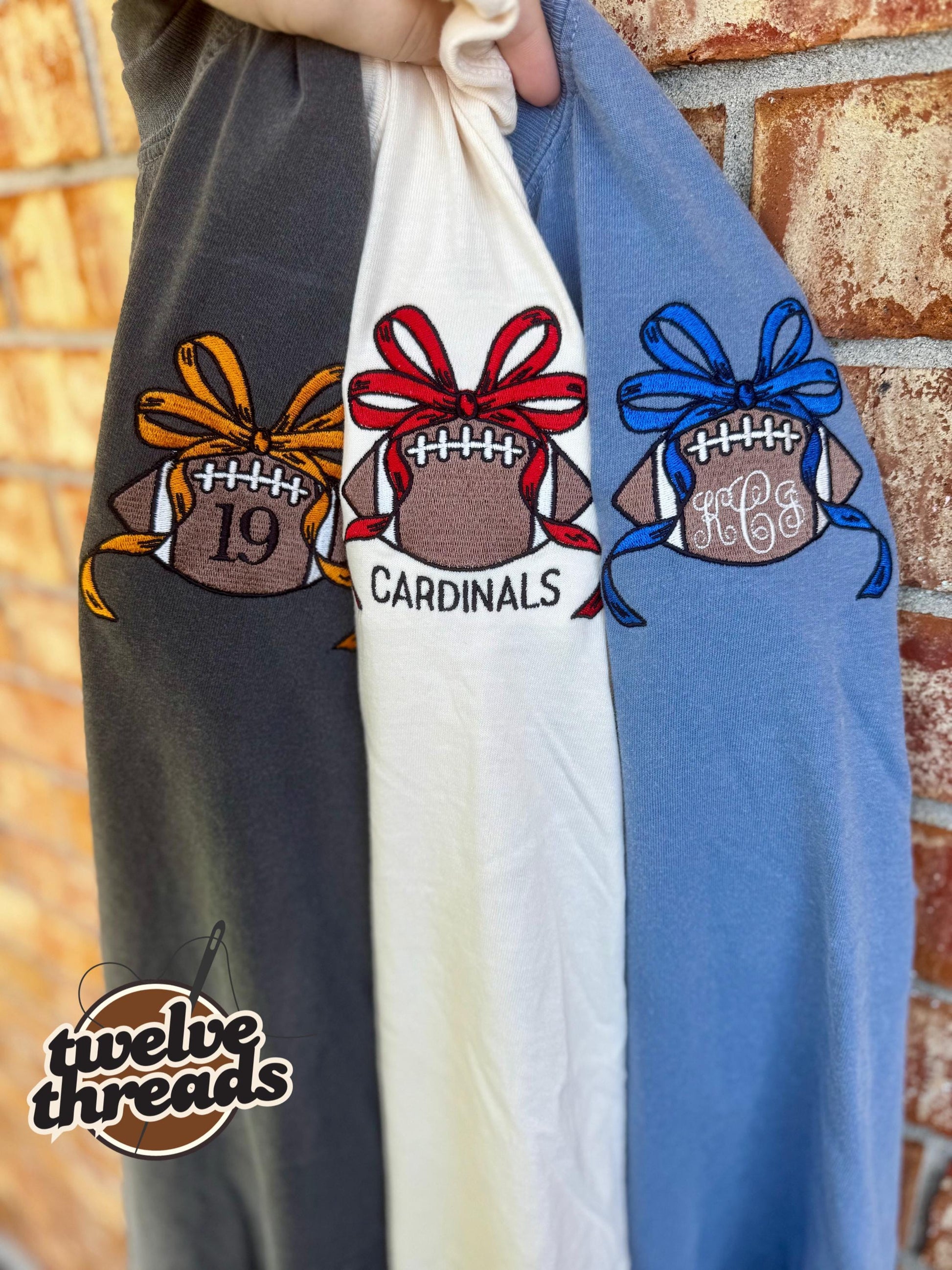 Custom football coquette bow, embroidered with team name, team number, custom monogram, football spirit wear, school spirit, sports, cheer