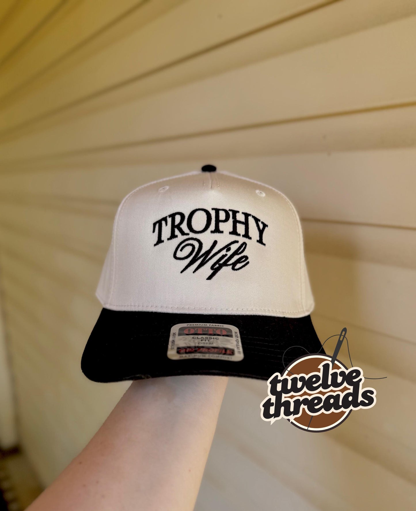 Embroidered trophy wife Otto cap, 5 panel Otto cap, trucker hat, custom embroidery, embroidery trucker hat, monochrome look