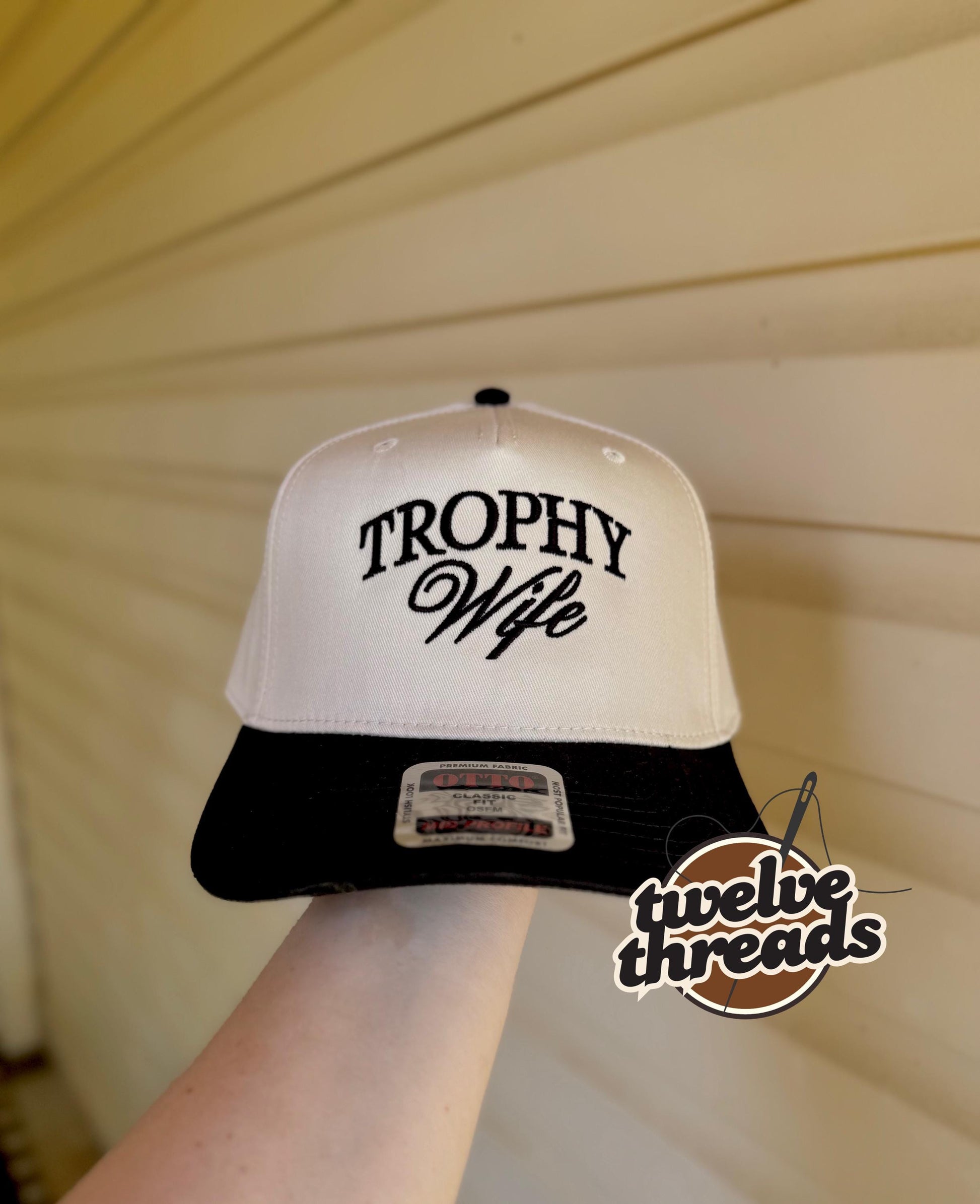 Embroidered trophy wife Otto cap, 5 panel Otto cap, trucker hat, custom embroidery, embroidery trucker hat, monochrome look